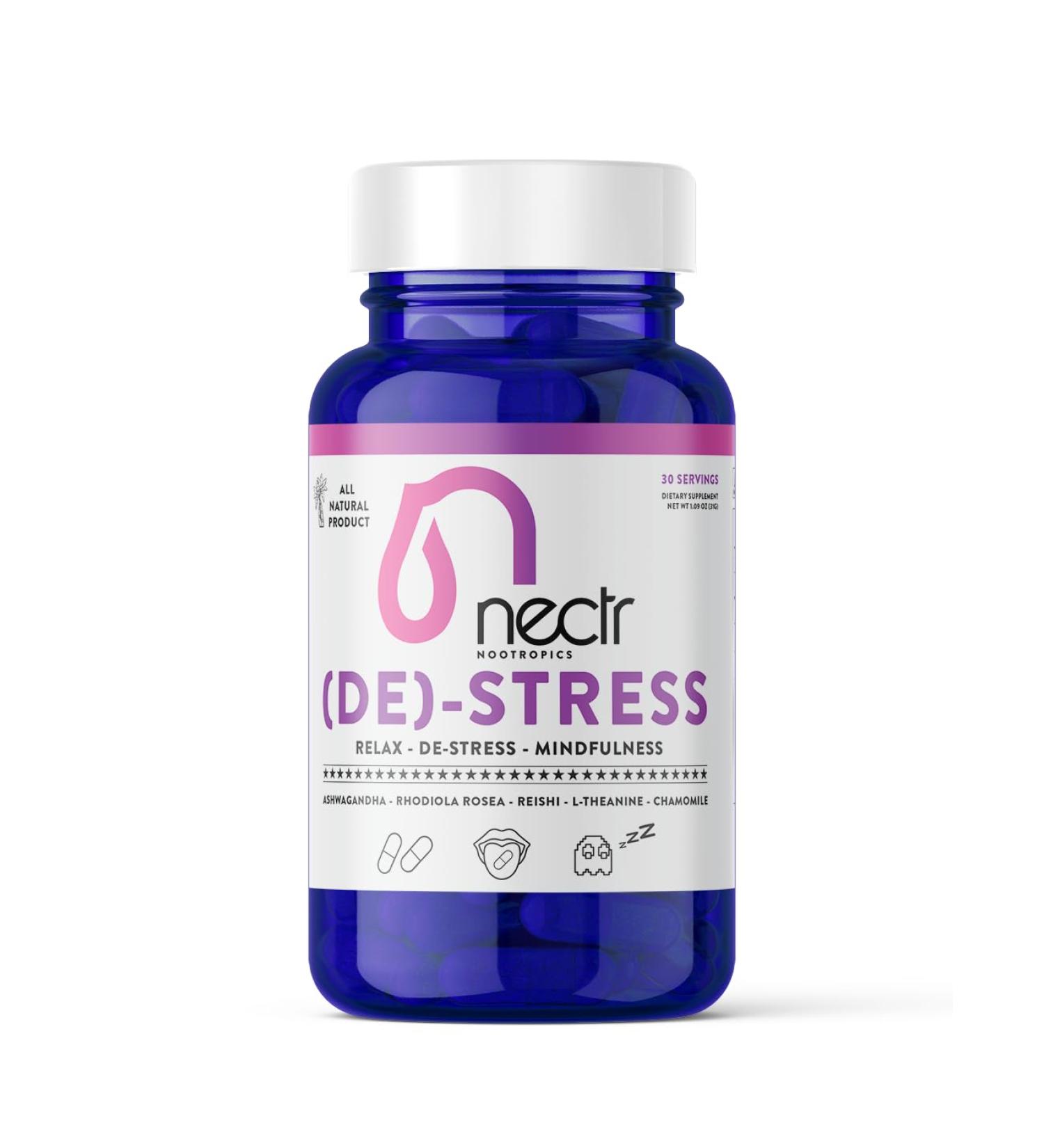 Nectr DE-Stress - Ashwagandha - Rhodiola Rosea - Reishi Extract 10:1 - L-Theanine - Chamomile Extract 20:1-30 Servings (60 Capsules) - Promotes Natural Mood Control for Relaxation - Made in Sweden