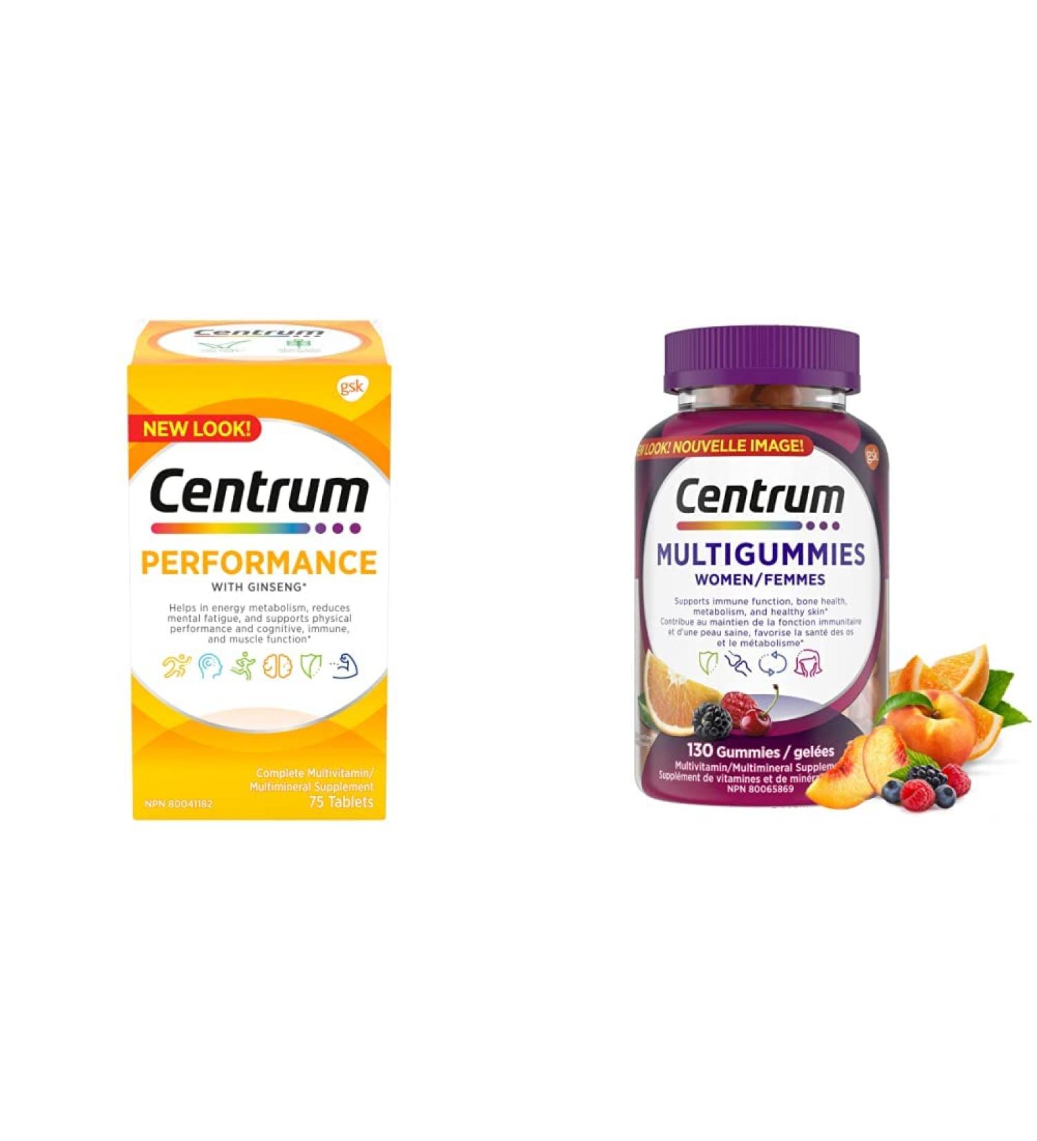 Centrum Performance Multivitamins/Minerals Supplement 75 Tablets (Packaging May Vary) & Women MultiGummies Multivitamins/Minerals Gummies Cherry Berry and Orange Flavours 130 Gummies - Buy Online on GoSupps.com