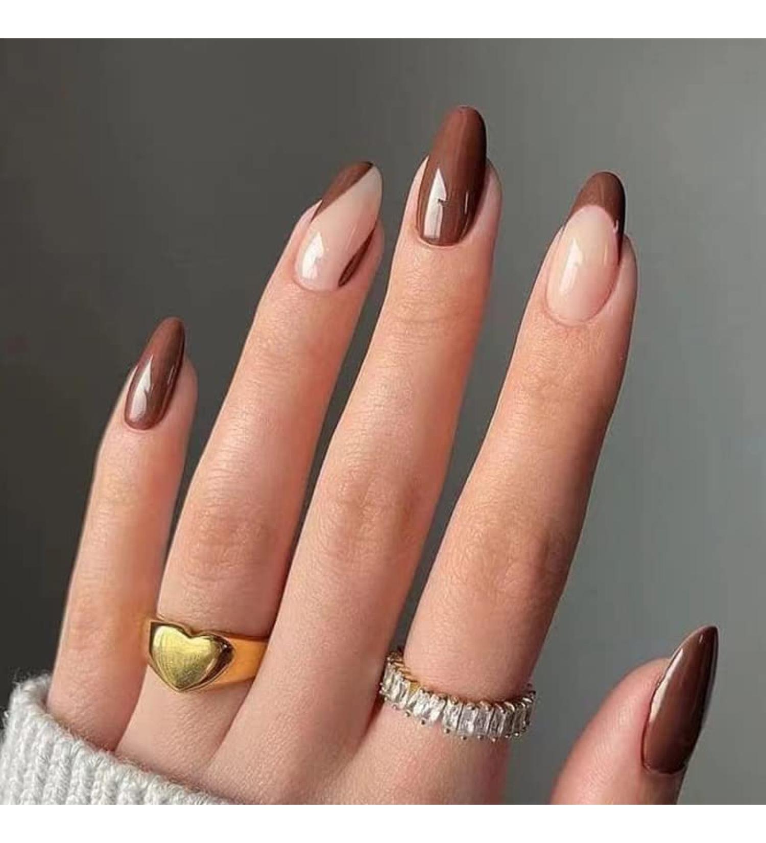 French Tip Press on Nails - Short Press On Nails with Nail Tips BrownBrown coffee colored fake nails with almond shaped design press on nails Acrylic False Nails Cute Artificial Nails - Buy Online on GoSupps.com