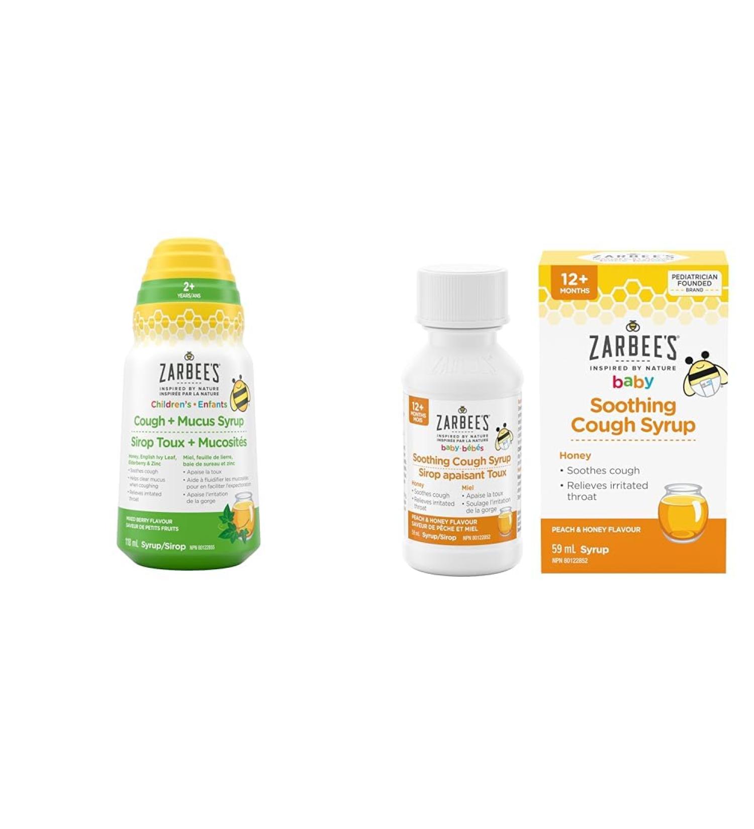 Zarbee's Children's Cough + Mucus Syrup Zinc Honey Elderberry & Baby Soothing Cough Syrup Sore Throat Relief Naturally Sourced Honey Dye-Free Peach & Honey Flavour 59 mL Mucus Syrup + Cough Syrup - Buy Online on GoSupps.com