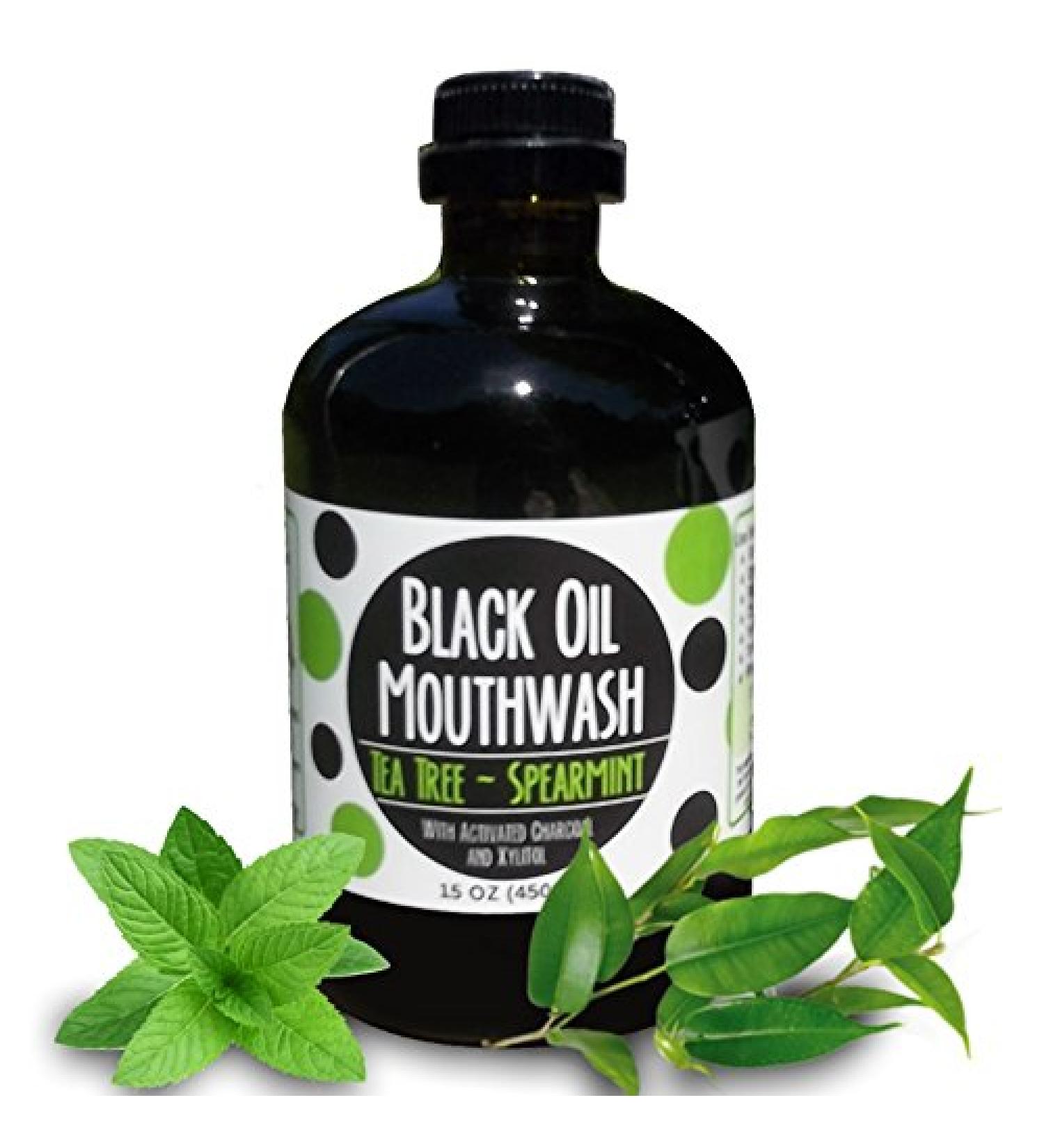 Coconut/Avocado/Sesame Black Oil Mouthwash, Sweet & Delicious, with Charcoal & Xylitol for Oil Pulling, 15 oz Black Oil Mouthwash Glass Bottle (Tea Tree - Spearmint) - Buy Online on GoSupps.com