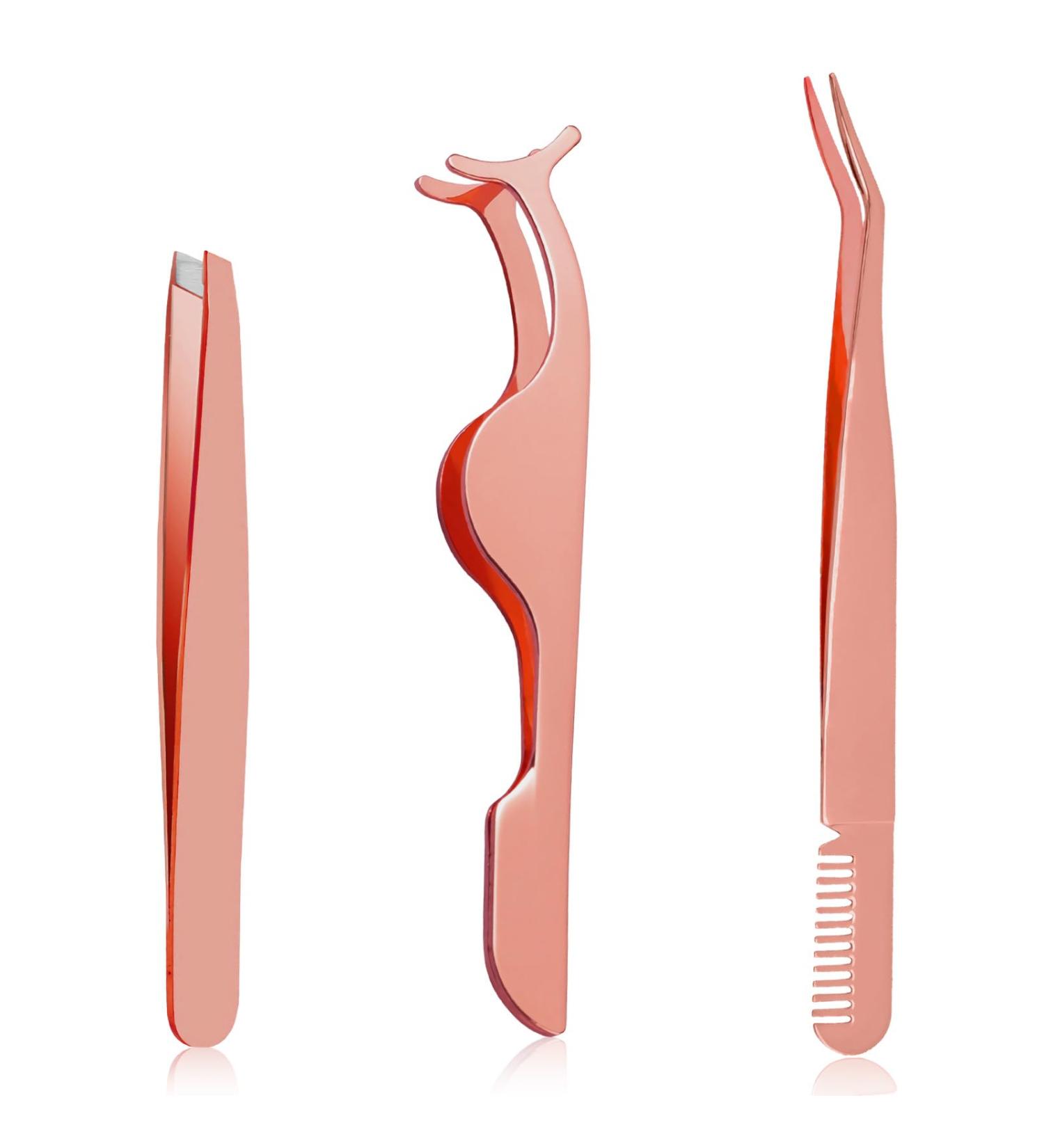 3 PCS Eyelash Tweezers Set - Stainless Steel Lash & Brow Tool Kit in Rose Gold - Buy Online on GoSupps.com