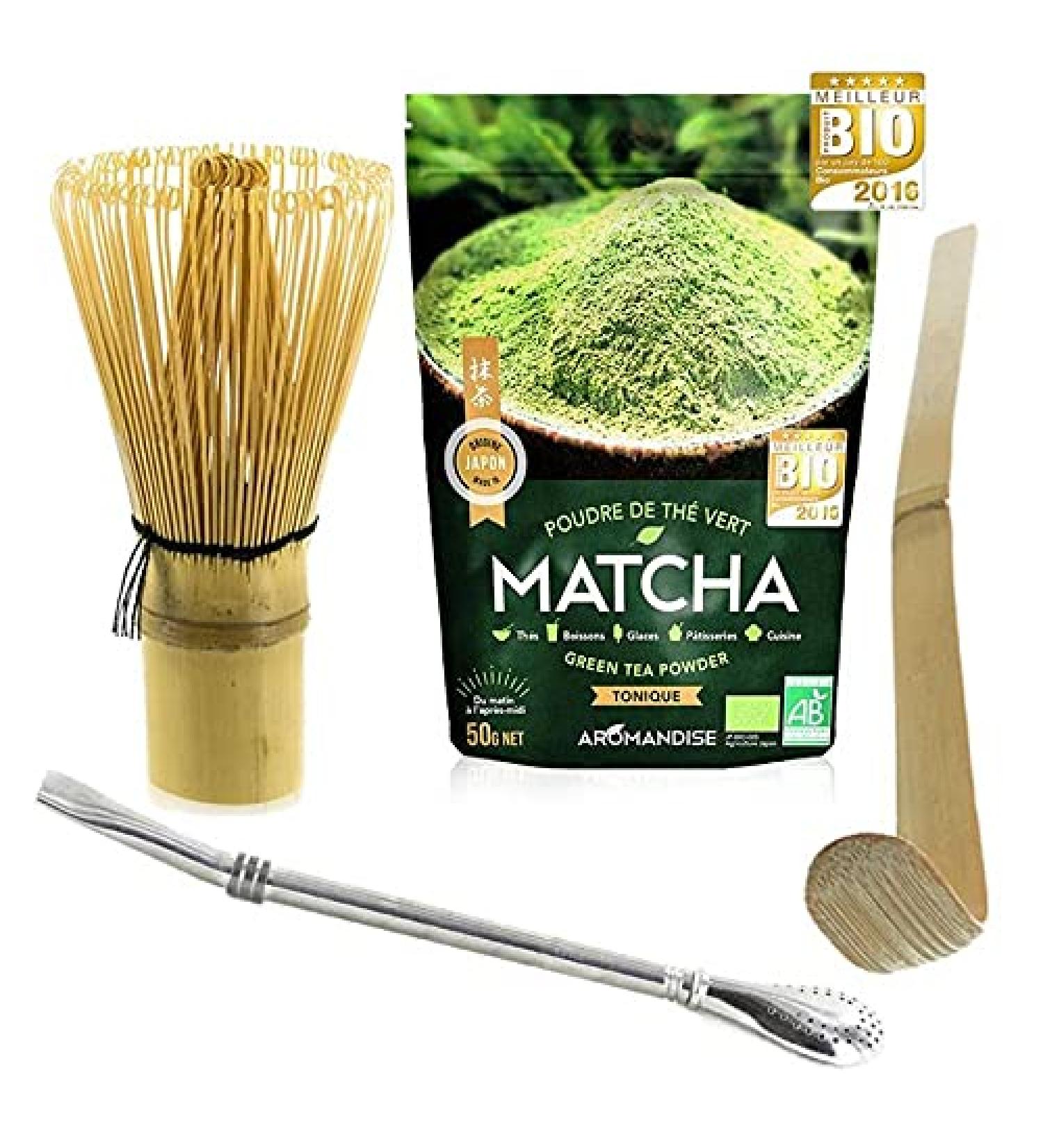 Coffret th Matcha + fouet + cuill re en bambou + paille inox avec filtre