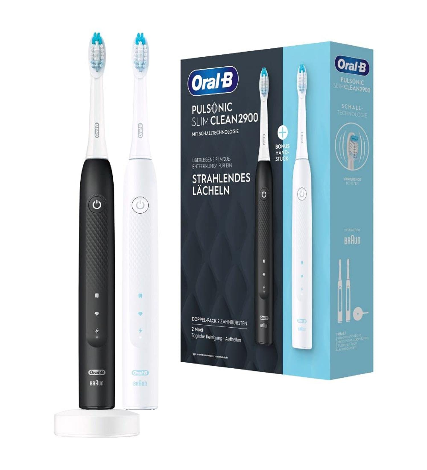 Oral-B Pulsonic Slim Clean 2900 Electric Toothbrush - Double Pack with 2 Brushes 2 Cleaning Modes Timer | Perfect Gift in Black/White - International Shipping Available - Buy Online on GoSupps.com