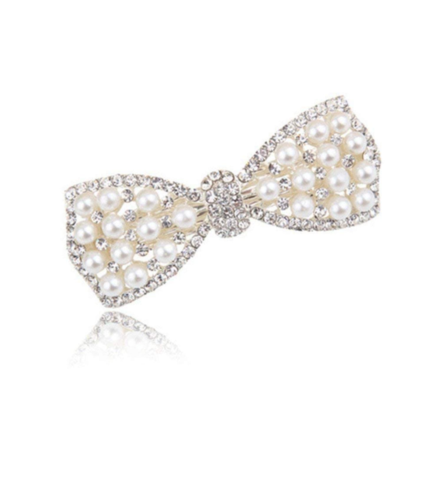 BeeSpring Silver Korean Style Crystal Rhinestone Butterfly Hair Barrette with Pearls for Women and Girls - 1Pcs - Buy Online on GoSupps.com