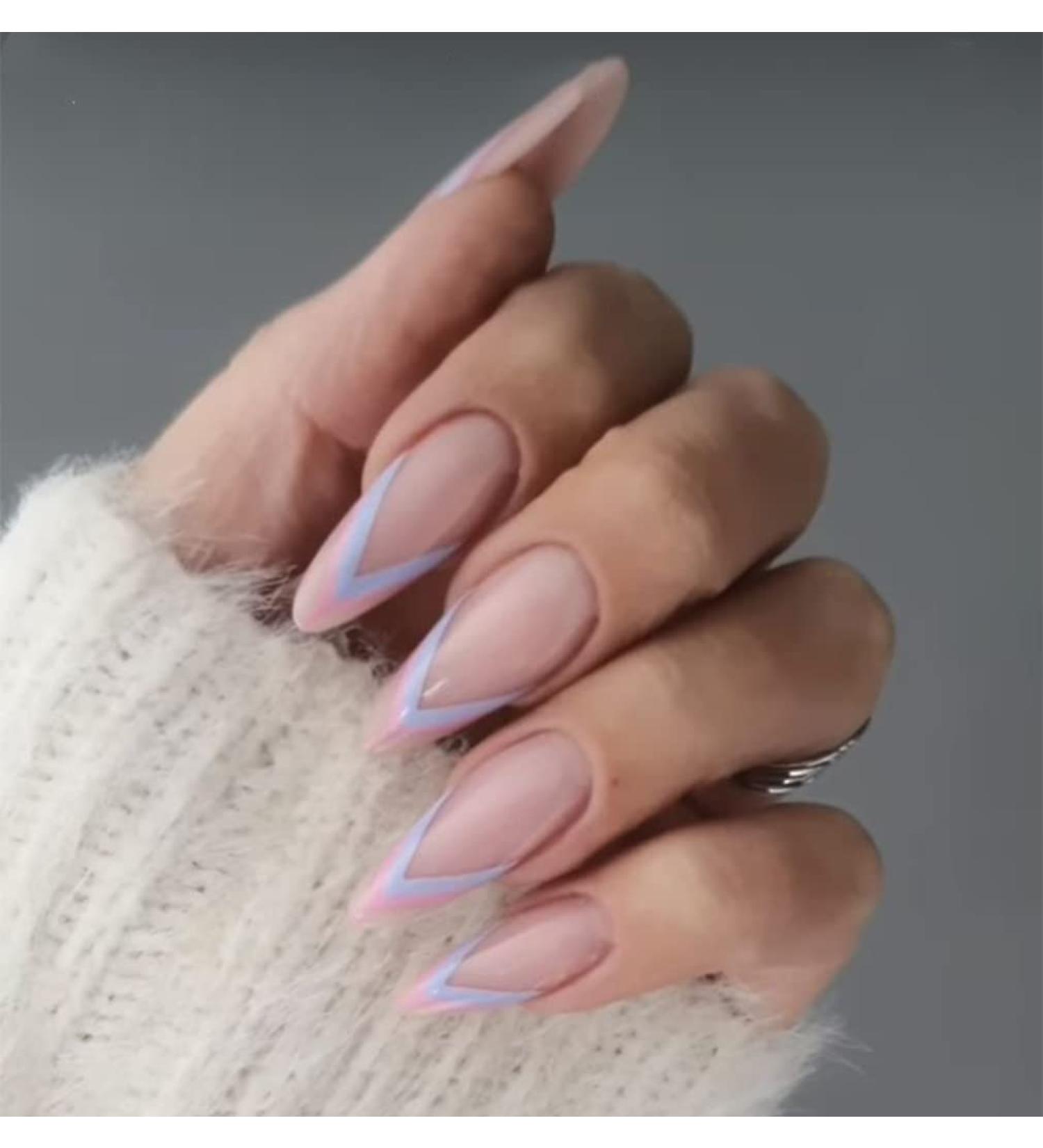 Sethexy French Almond False Nails - Wave Line Press On Acrylic Nails - 24 Pieces Pink Abstract Design for Women & Girls - Buy Online on GoSupps.com