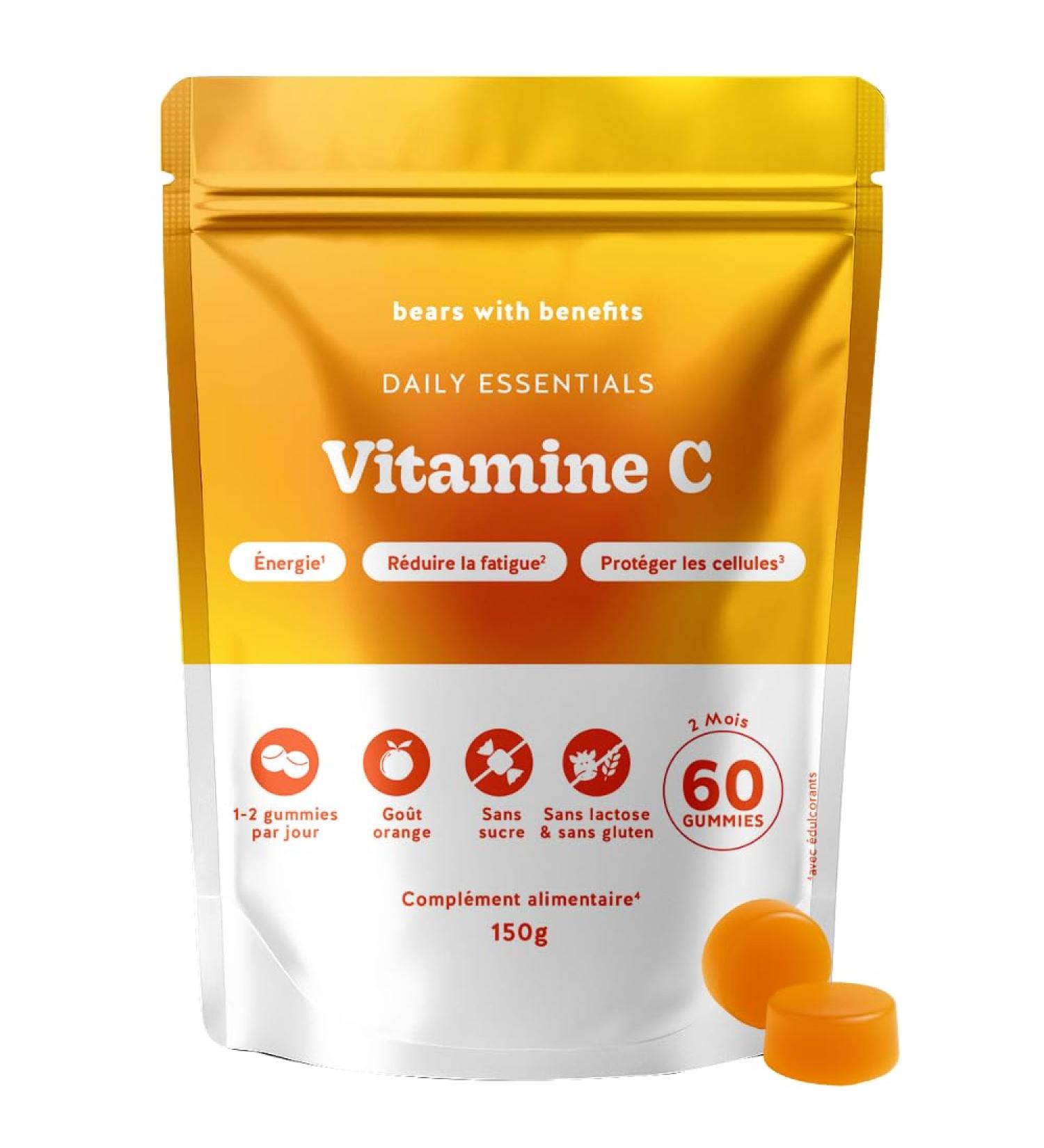 Gummies Vitamine C 250 mg Daily Essentials Contribue au M tabolisme Energ tique Normal Fonctionnement Normal du Syst me Immunitaire 60 unit s (2 mois) Vegan Sans Sucre Bears with Benefits NEW FORMAT - Buy Online on GoSupps.com