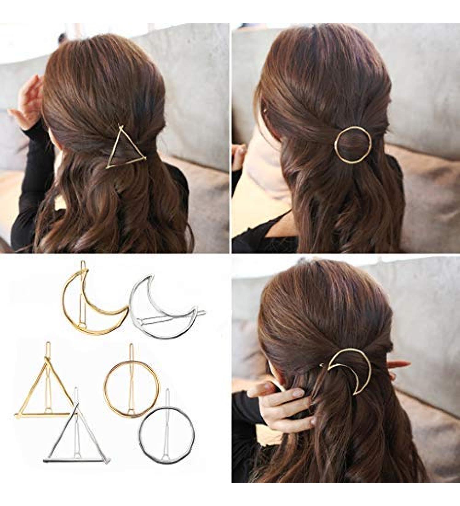 BeautyMood 6pcs Dainty Gold/Silver Geometric Hairpin Set - Circle, Triangle, Moon - Buy Online on GoSupps.com