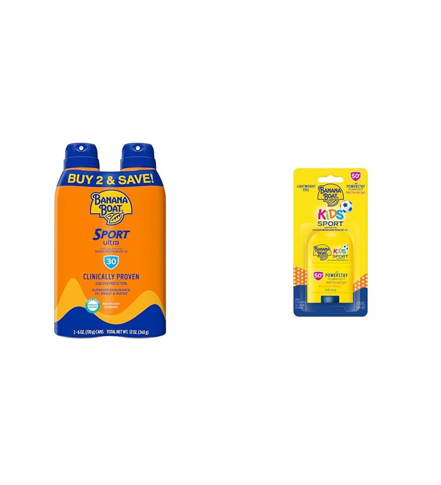 Banana Boat Sport Ultra Clear Spray Sunscreen SPF 30 Twin Pack and Kids Sport Sunscreen Stick SPF 50 - Buy Online on GoSupps.com