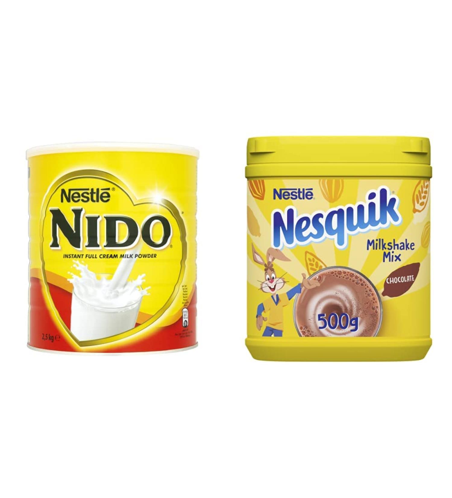 Nido Instant Full Cream Milk Powder Substitute for Fresh Milk For Tea & Coffee 2.5kg Tin & Nesquik Chocolate Flavoured Milkshake Powder For Milk Fortified with Vitamin D Breakfast - Buy Online on GoSupps.com