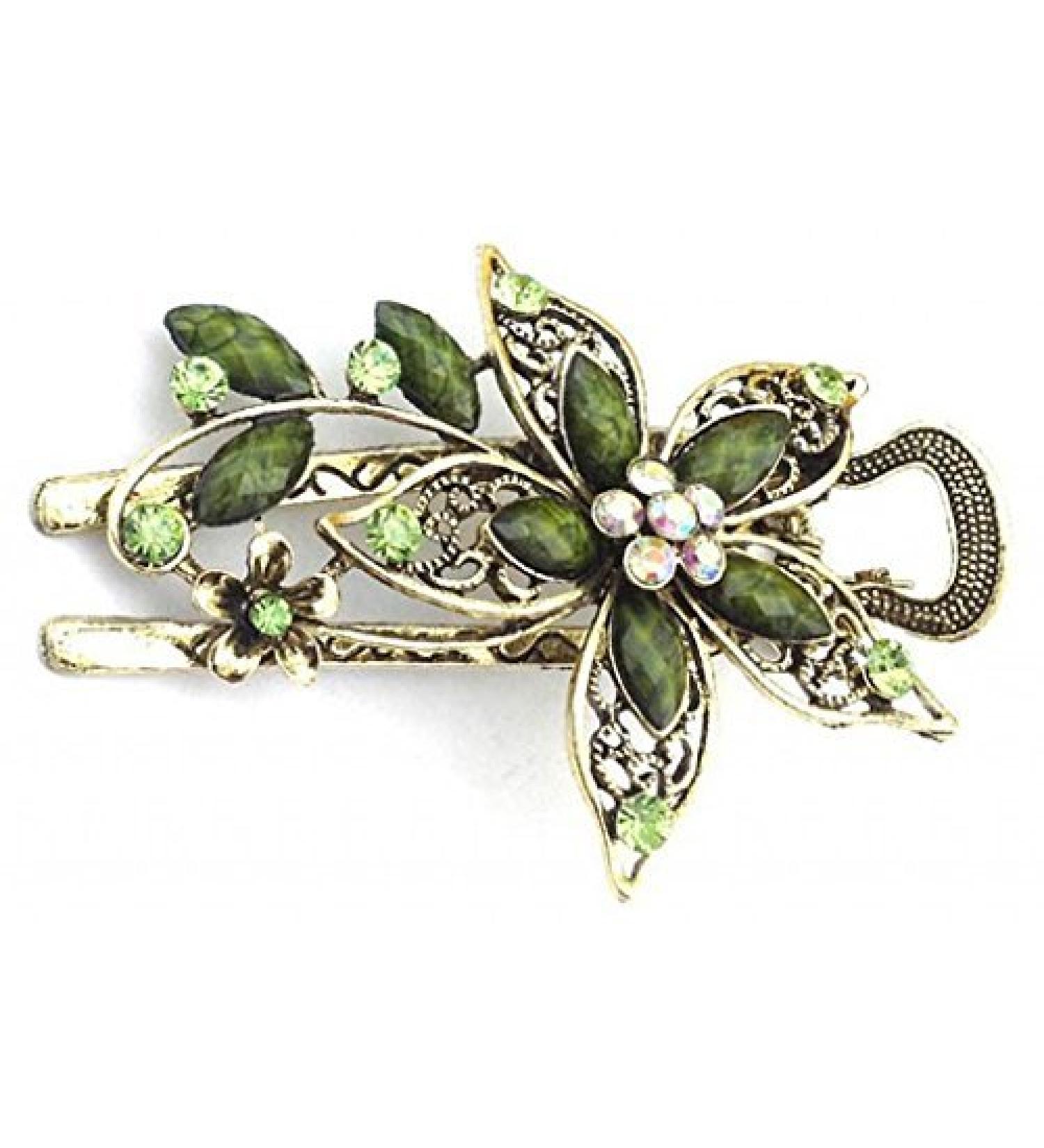 Vwhite Womens Flower Crystal Hair Clips Barrettes Hair Accessories Green