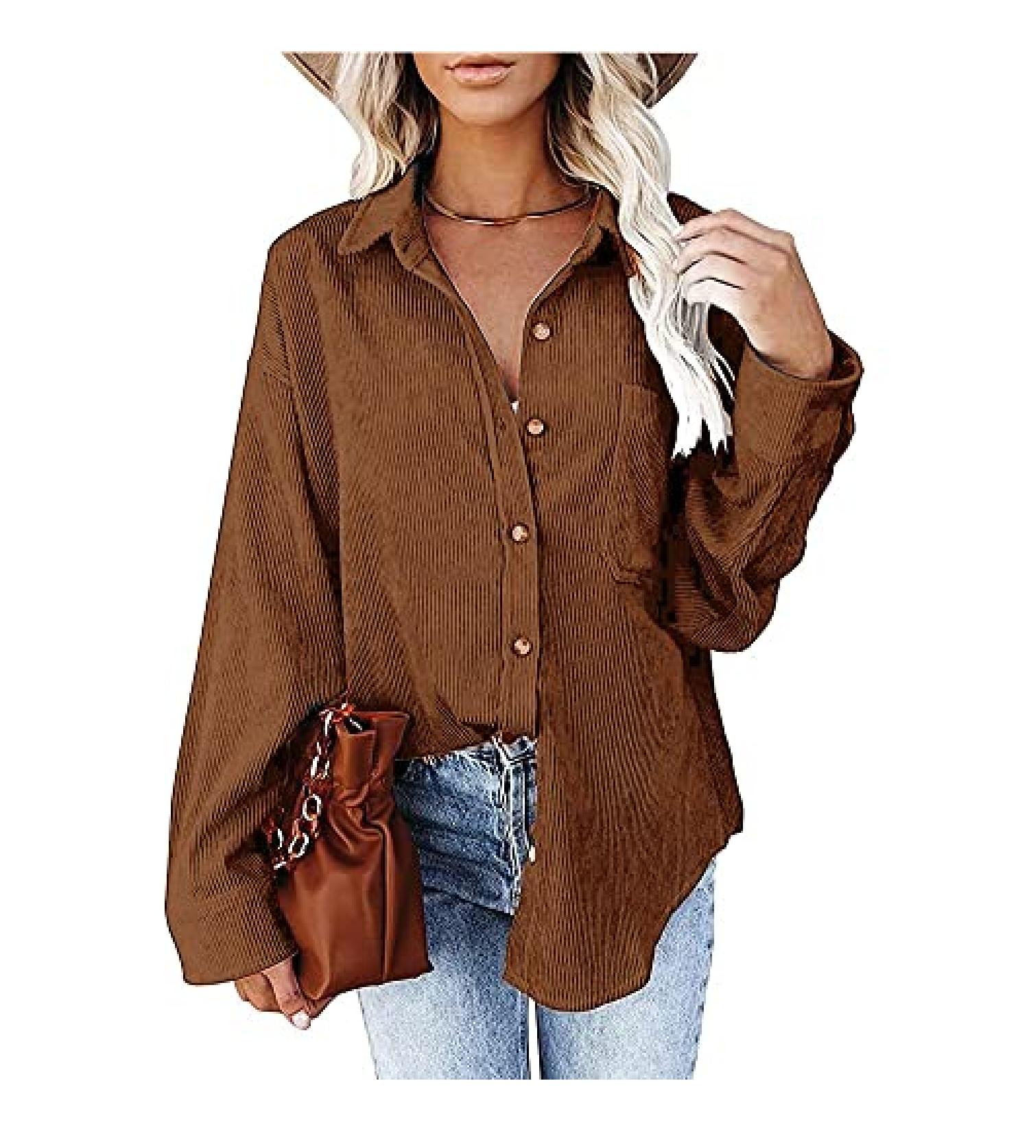 Women's Corduroy Button Down Pocket Shirts | Long Sleeve Oversized Blouses | Fall Outdoor Boyfriend Tops - Large Camel - Buy Online on GoSupps.com