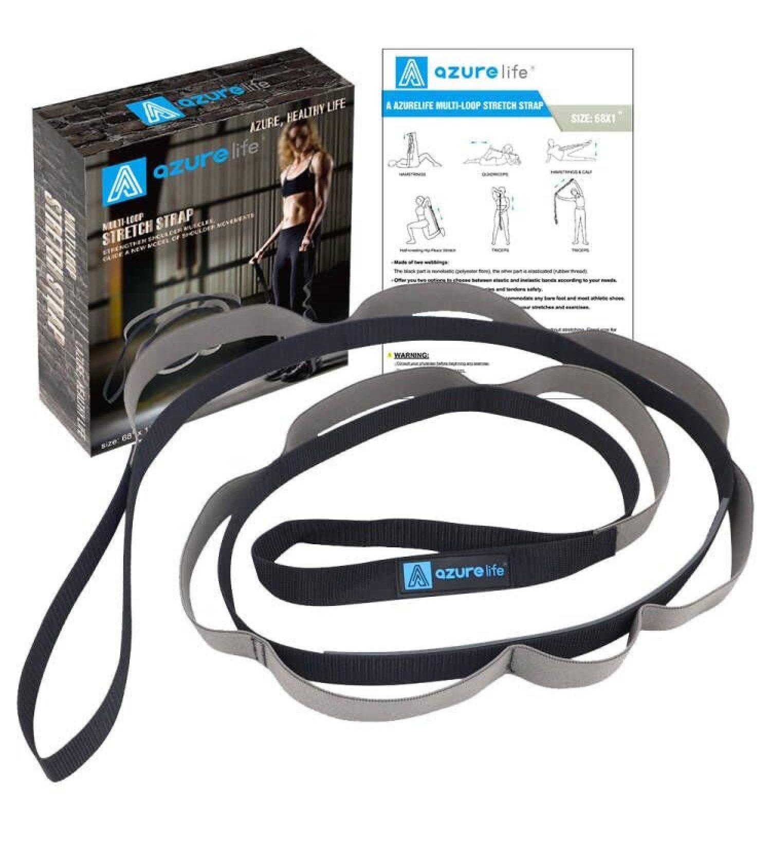 AZURELIFE 11-Loop Half Elastic Stretch Strap for Yoga, Physical Therapy & Dance - Gray | Instruction Guide Included - Buy Online on GoSupps.com