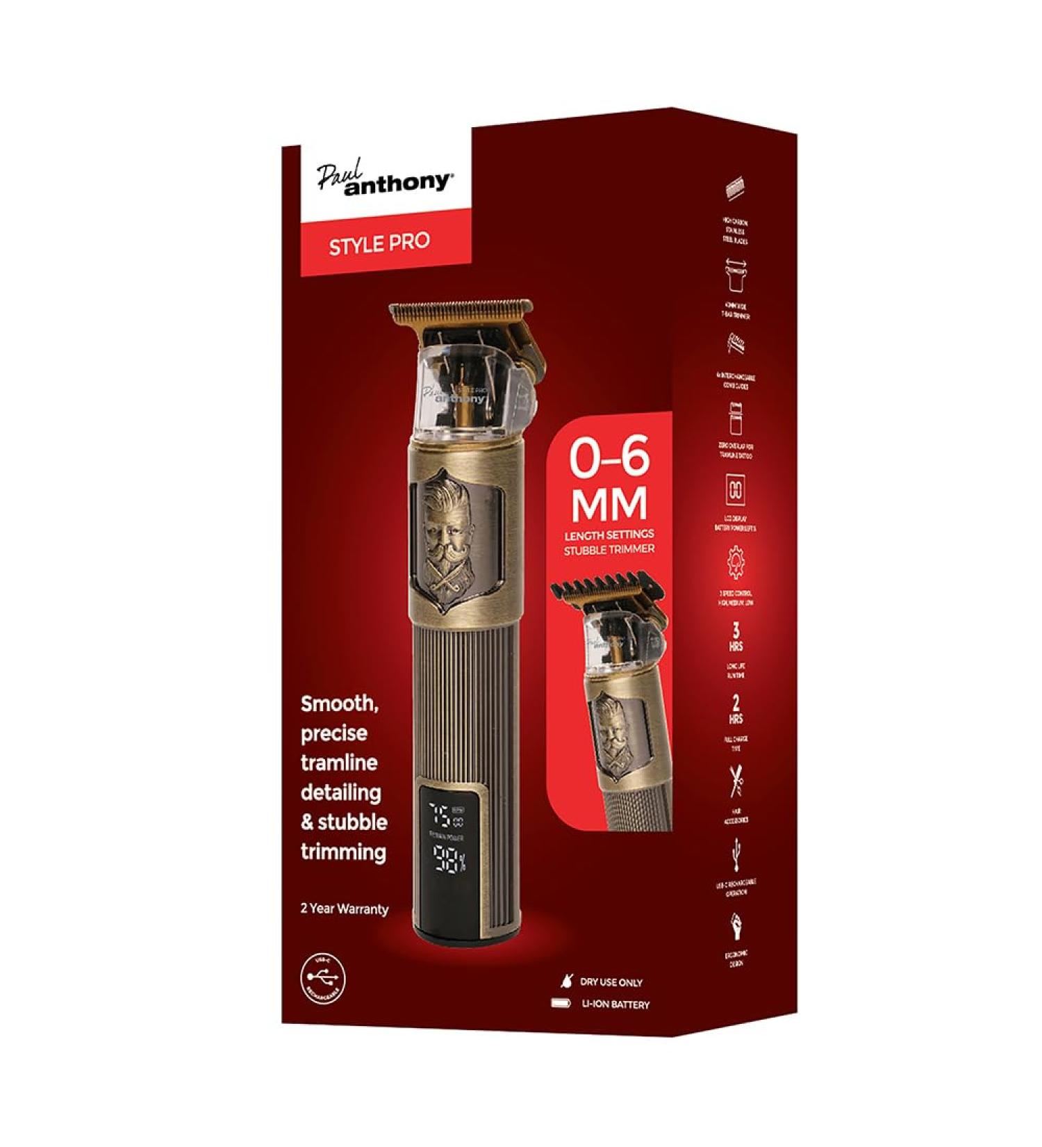 Paul Anthony 'Style Pro' USB-C Lithium Tramline Detailing & Stubble T-Bar Trimmer with LCD Display Zero mm Cutting and 4 Combs 1mm - 6mm - H5136A USB Detailer Trimmer - Buy Online on GoSupps.com