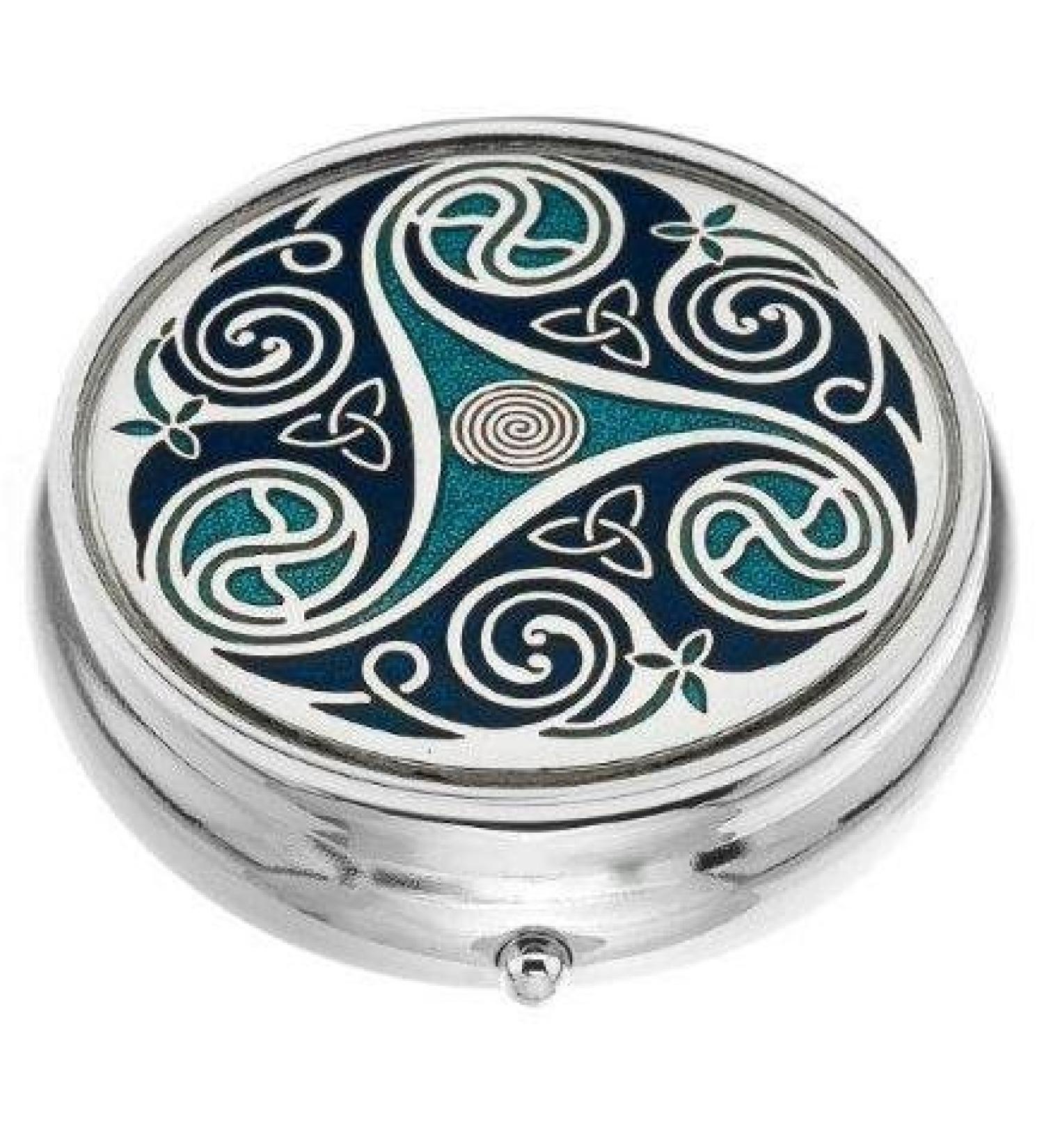 Pill Box (Large Size) in a Triskeles and Trinity Knot Design in Blue Color