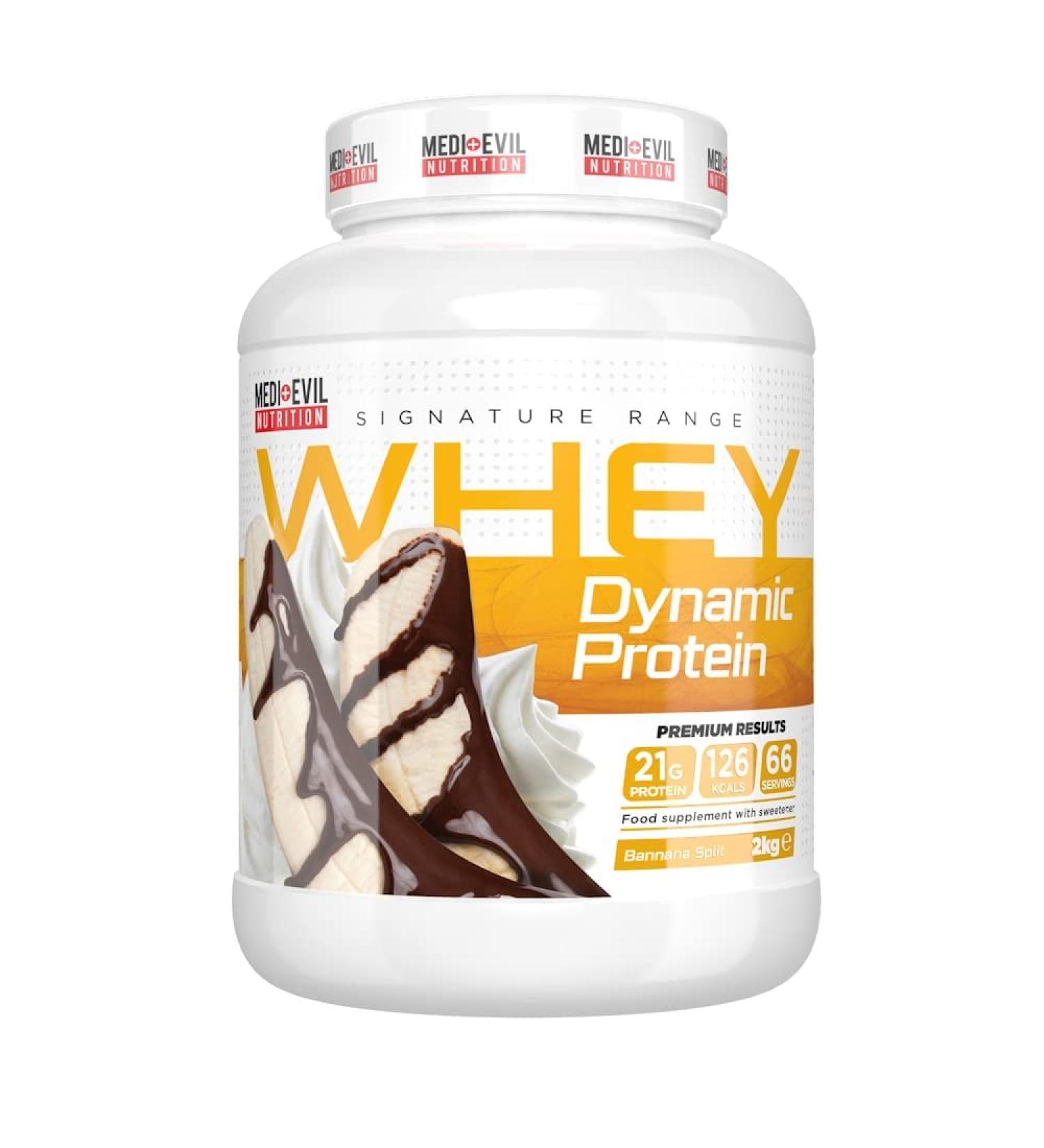 Medi-Evil Nutrition Whey Dynamic Protein Banana Split Flavour 2kg 66 Servings Whey Protein Powder for Muscle Growth Vegetarian Banana Split 66 Servings (Pack of 1) - Buy Online on GoSupps.com