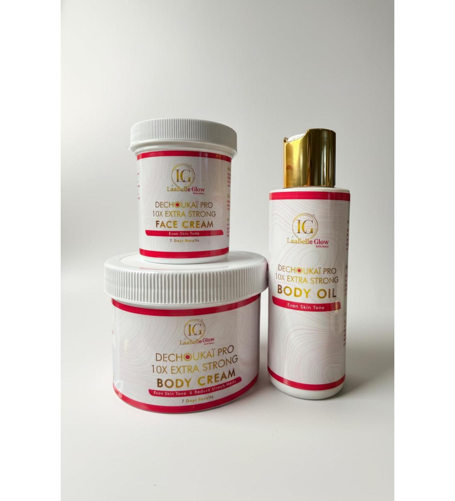 LaaBelleGlow Dechouka Pro 10X Extra Strong Skin Care Kit Face Cream and Body Cream and Body Oil Even Skin Tone 7 Days Results