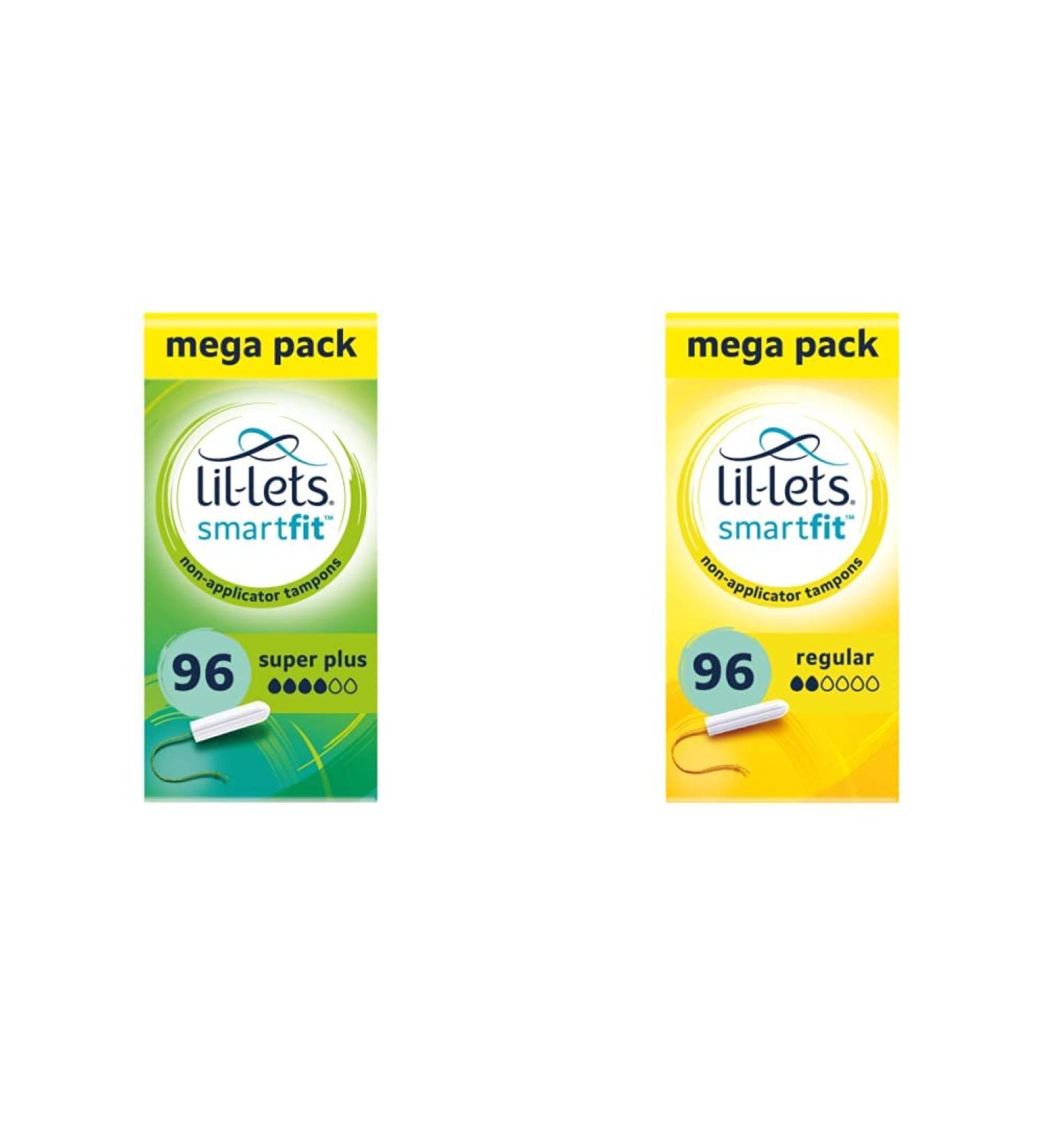 Lil-Lets Non-Applicator Super Plus Tampons X 96 | 6 Packs of 16 | Heavy Flow & Non-Applicator Regular Tampons X 96 | 6 Packs of 16 | Light to Medium Flow + Regular Tampons X 96 - Buy Online on GoSupps.com