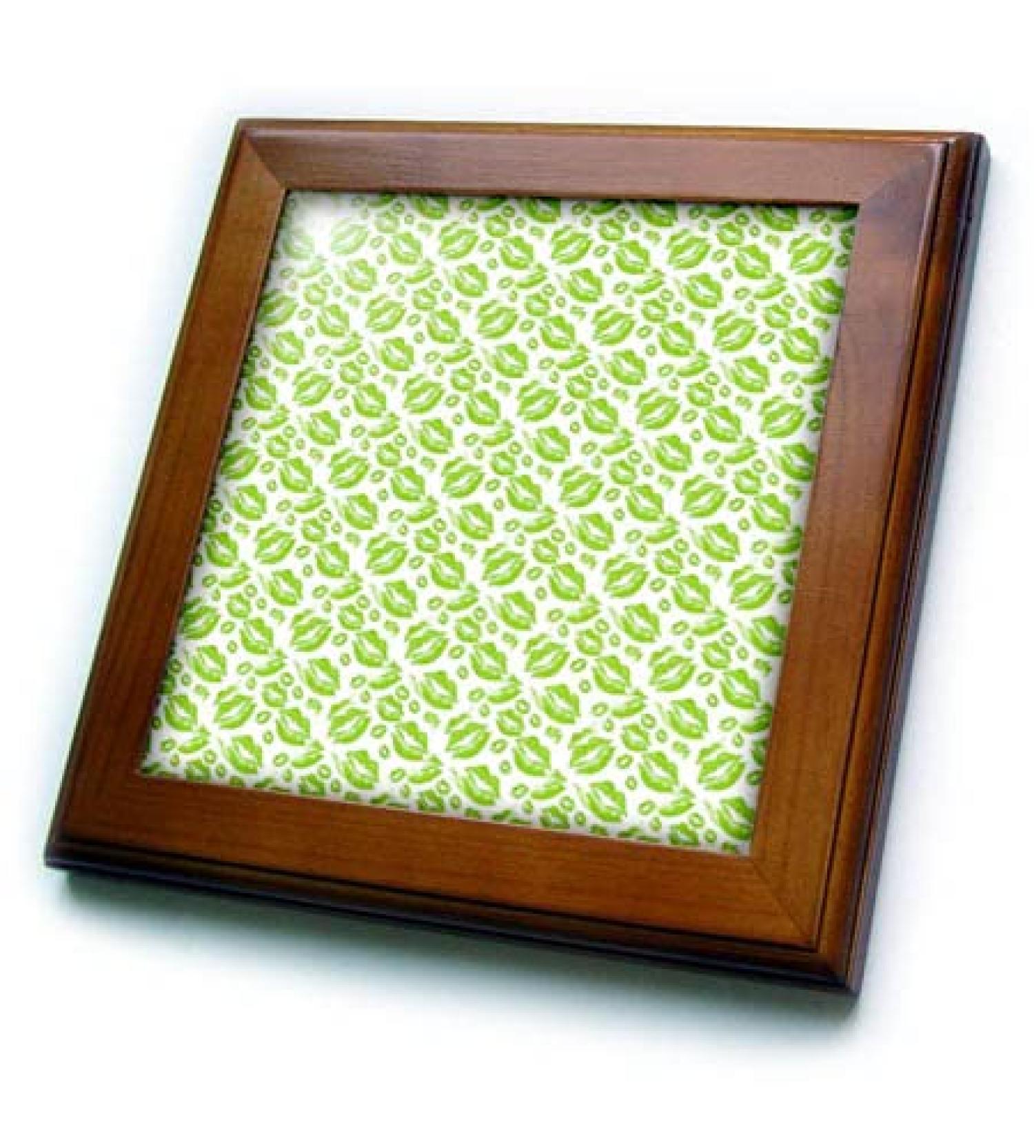 3dRose 8x8 Framed Tile - Two Kisses Collided Lip Smacking Lime Colored Lips Pattern Pattern - Lipstick Kisses