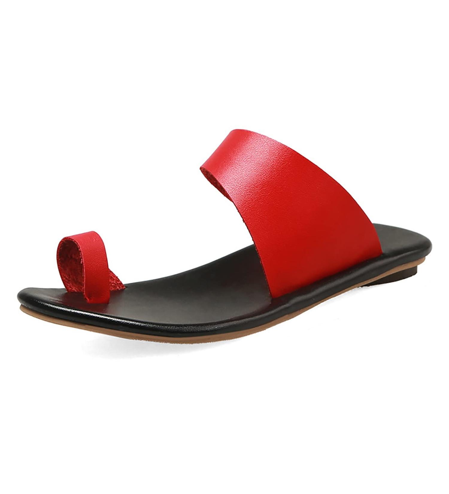 Summer Solid Flat Sandals for Women - Outdoor PU Open Toe Cutout Slip-on Orthopedic Bunion Corrector Beach Sandals - Red 7.5 - Buy Online on GoSupps.com