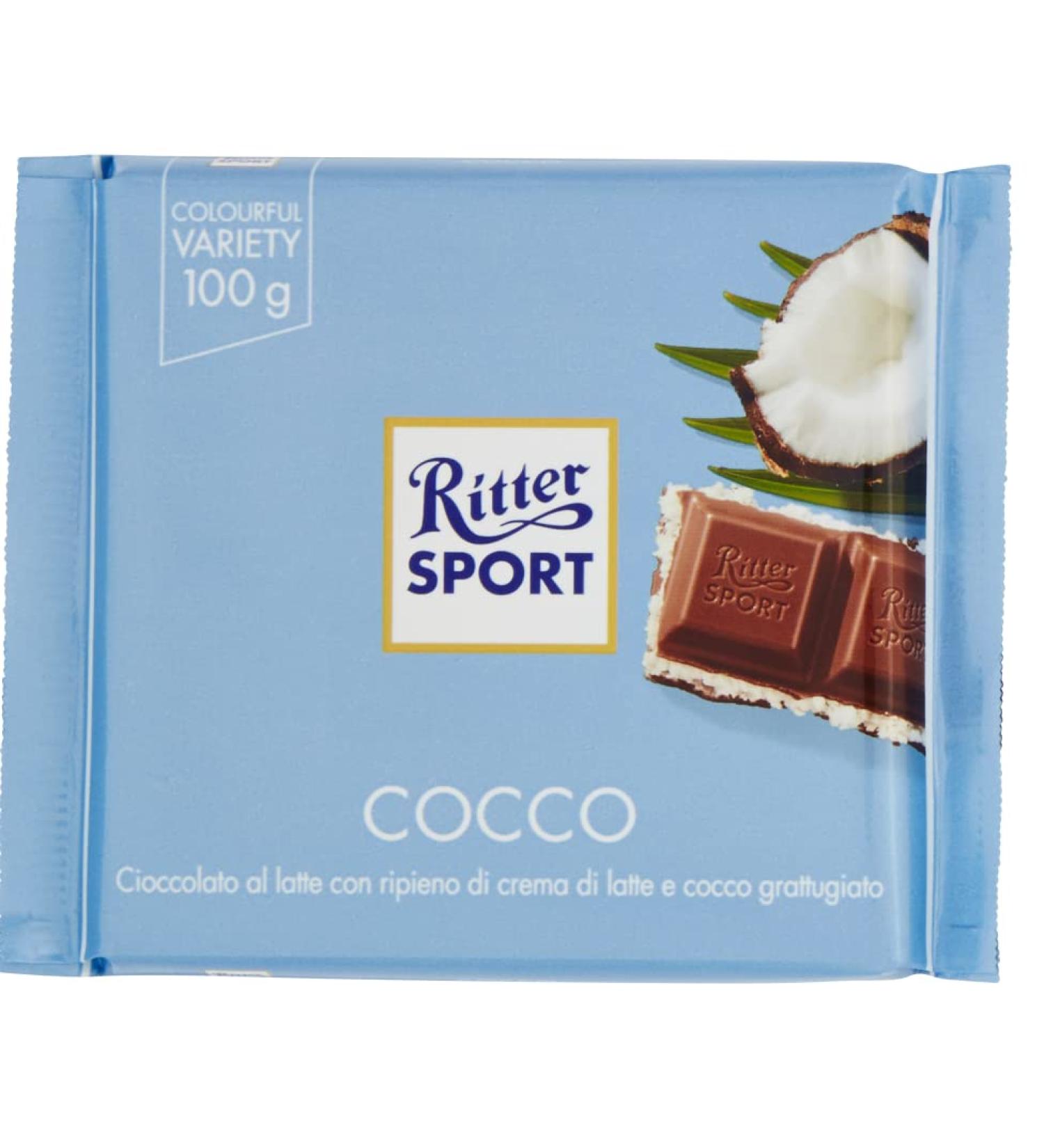  Italian Gourmet E.R. Ritter Sport Colourful Variety Cocco Milk chocolate filled with milk cream and chopped coconut 100g - Buy Online on GoSupps.com