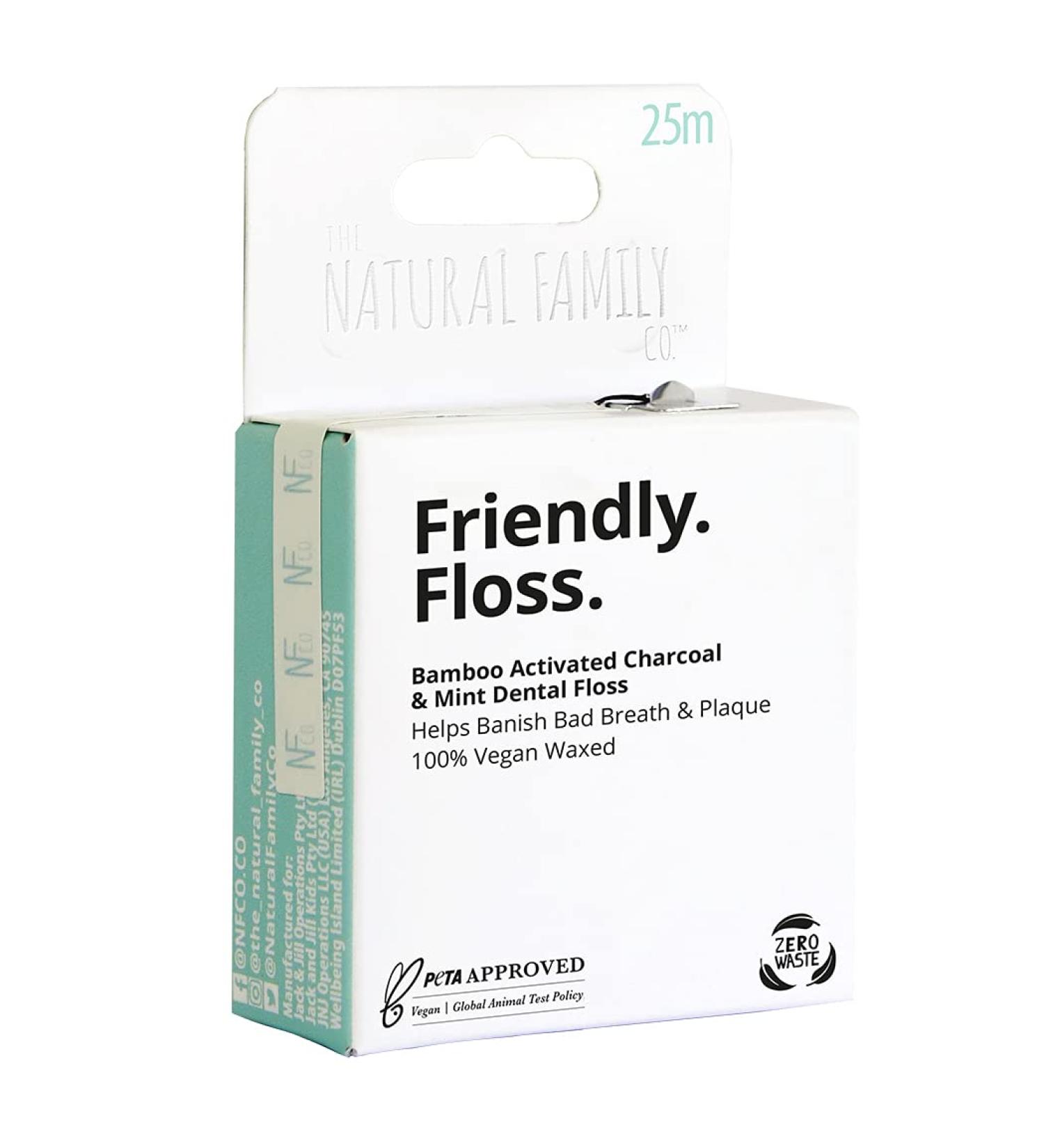 The Natural Family Co. Friendly Floss 25m Recyclable Dental Floss Coated with Plant Based Wax for a Smooth Glide Plastic Free Packaging and 100% Vegan Charcoal and Mint Flavour
