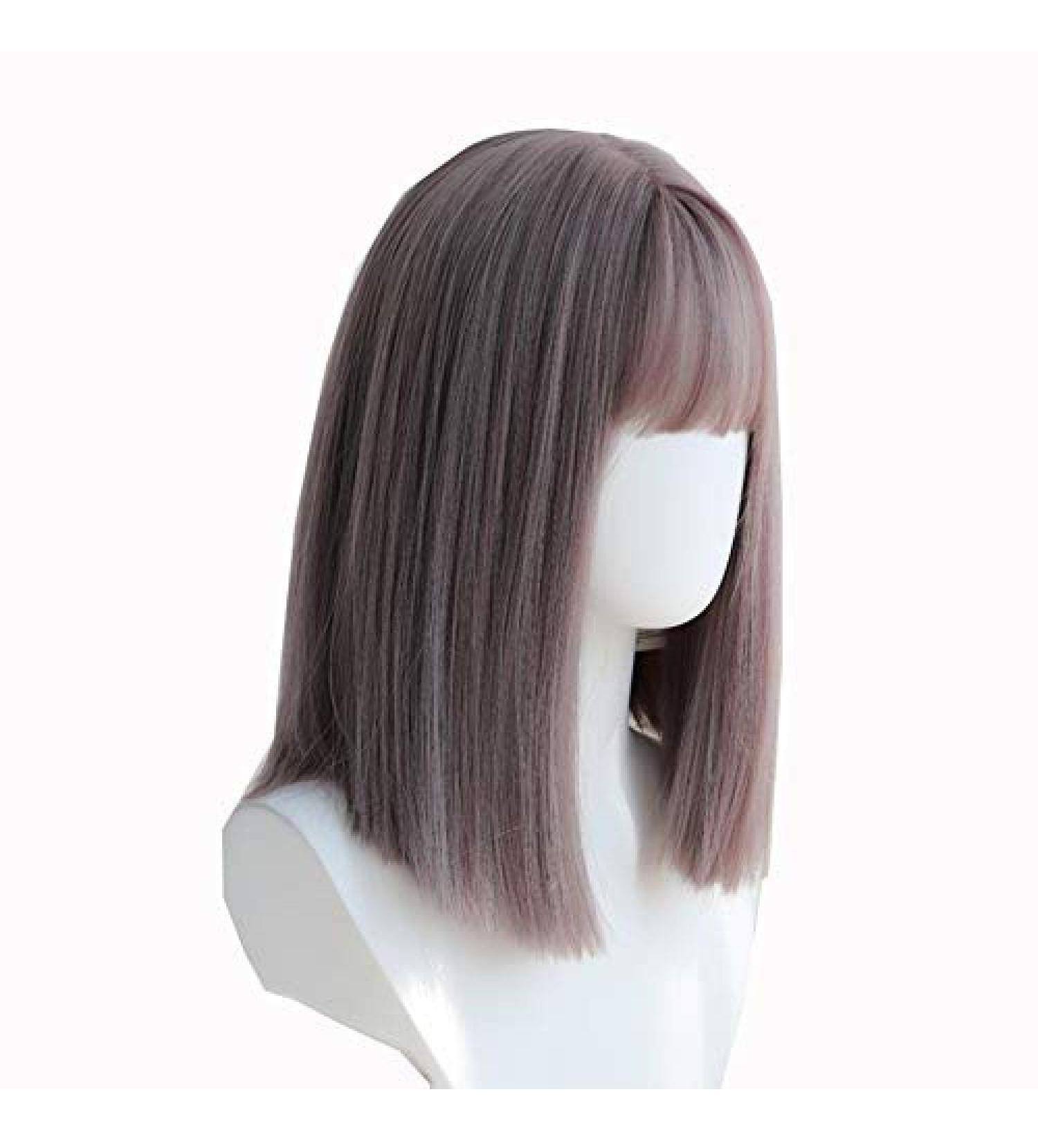 Shop BGHJUE Short Bob Human Hair Wig - Heat Resistant 40cm Straight Wig in Green & Pinkish Purple | International Shipping Available - Buy Online on GoSupps.com