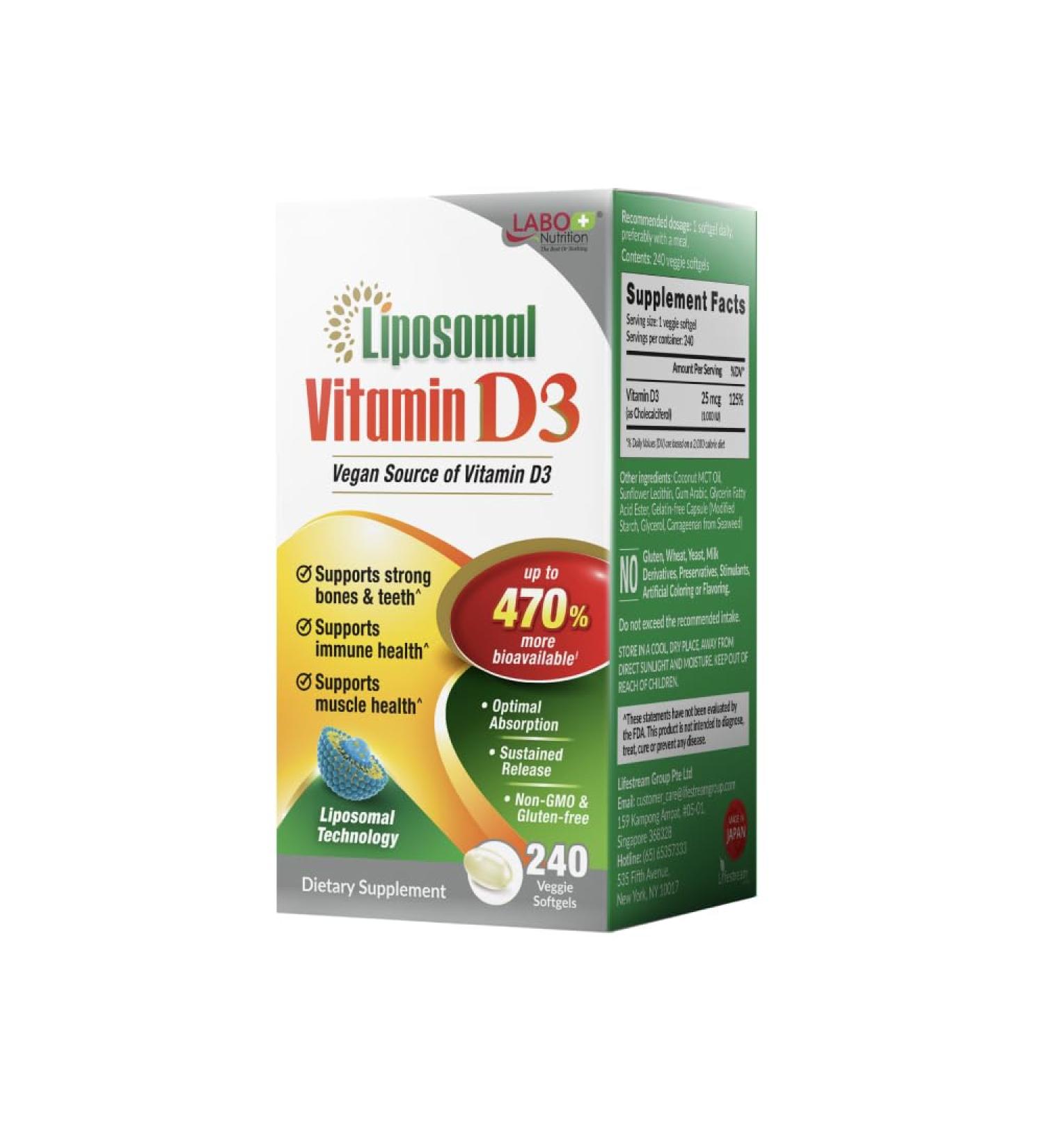 LABO Nutrition Liposomal Vitamin D3, High Potency Vegan-Sourced for Optimal Absorption, Sustained Release, 470% Bioavailable, Boost Immunity, Bone & Brain Health, 240 Days Supply, Non-GMO, Gluten Free - Buy Online on GoSupps.com