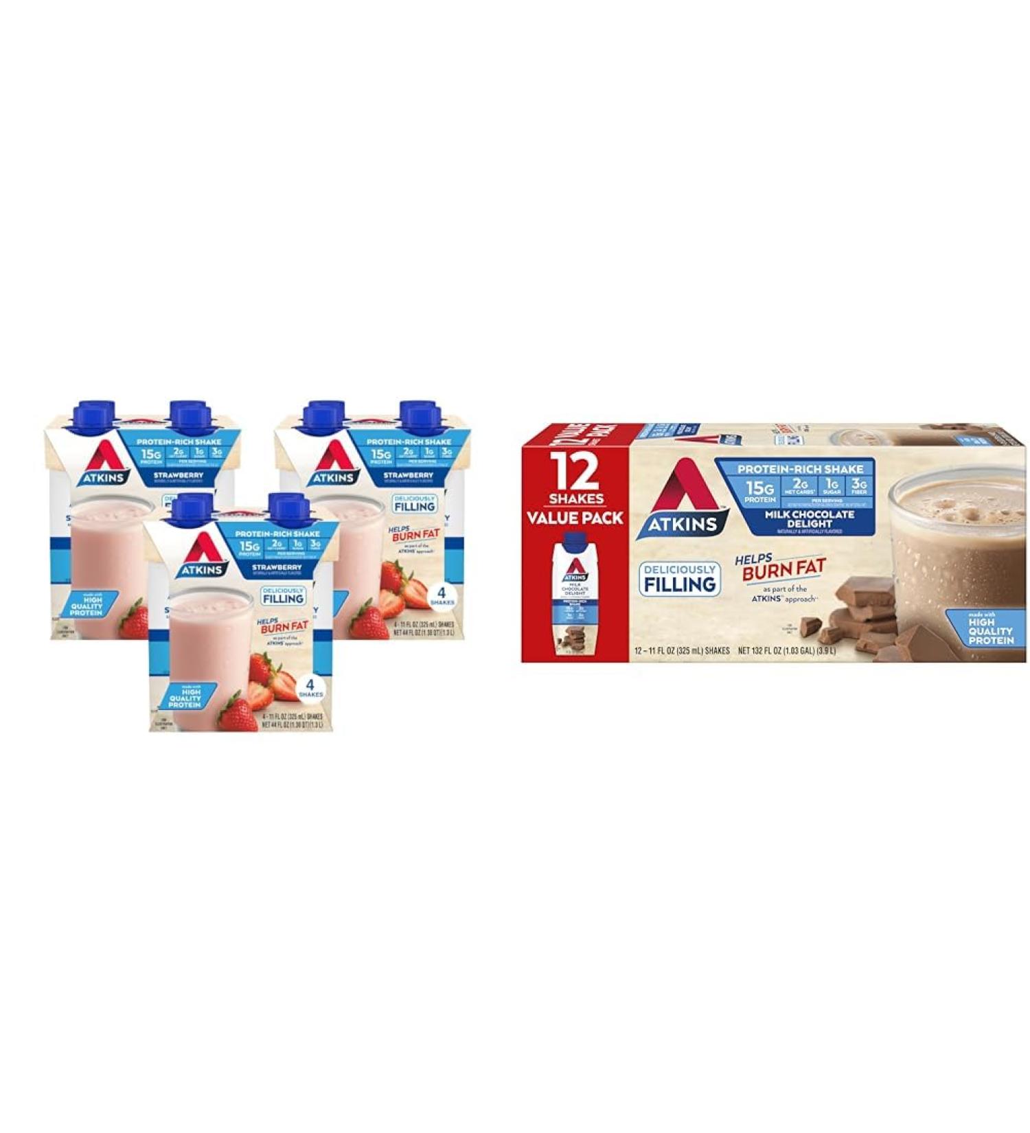 Atkins Strawberry Protein Shake 15g Protein Low Glycemic 2g Net Carb 1g Sugar 12ct & Milk Chocolate Delight Protein Shake 15g Protein Low Glycemic 2g Net Carb 1g Sugar - Buy Online on GoSupps.com