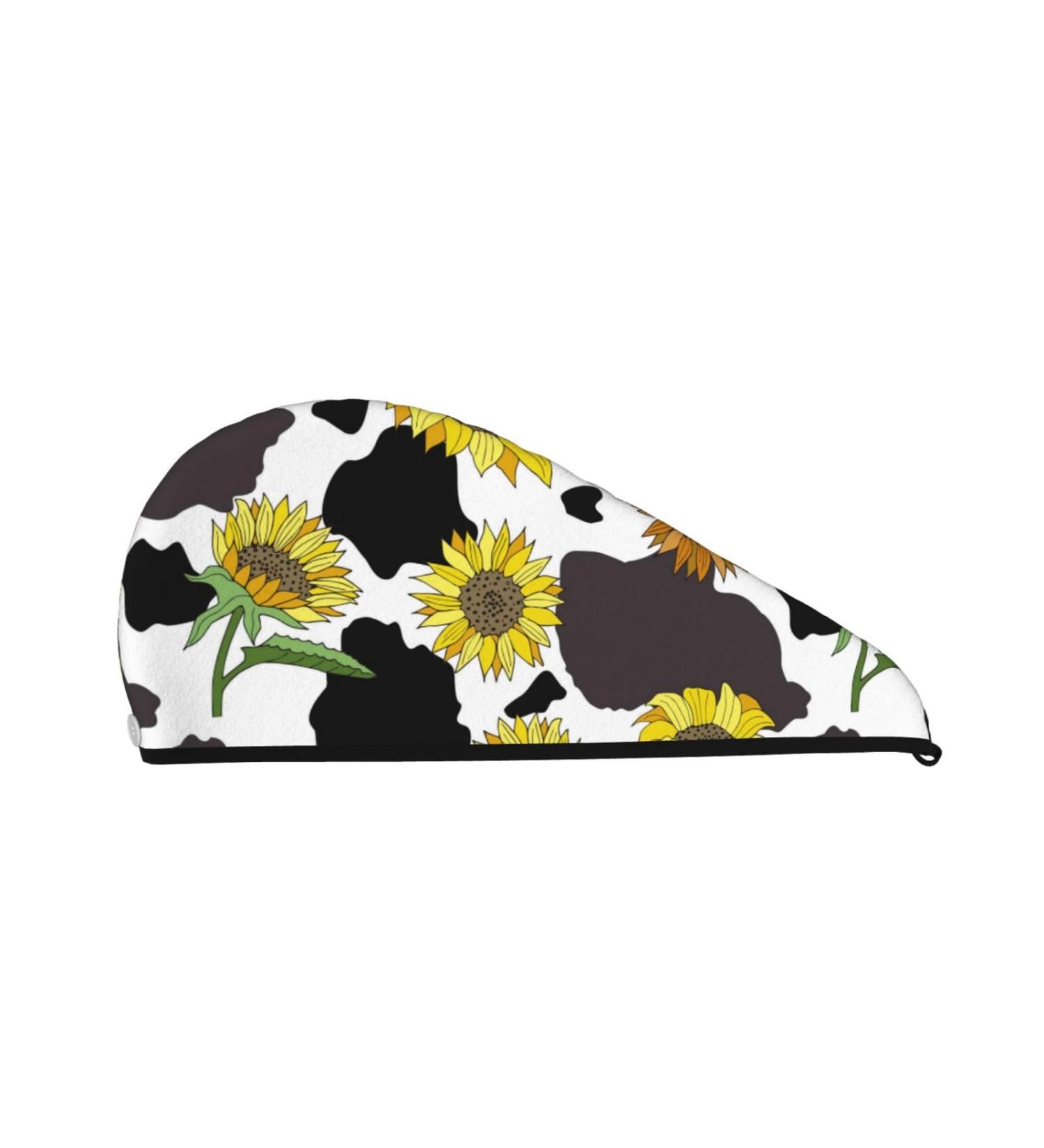Black Cow Print Hair Towel with Sunflowers | Super Absorbent Coral Velvet Wrap for Long Curly & Thick Hair - Quick Dry Microfiber for Women - Buy Online on GoSupps.com