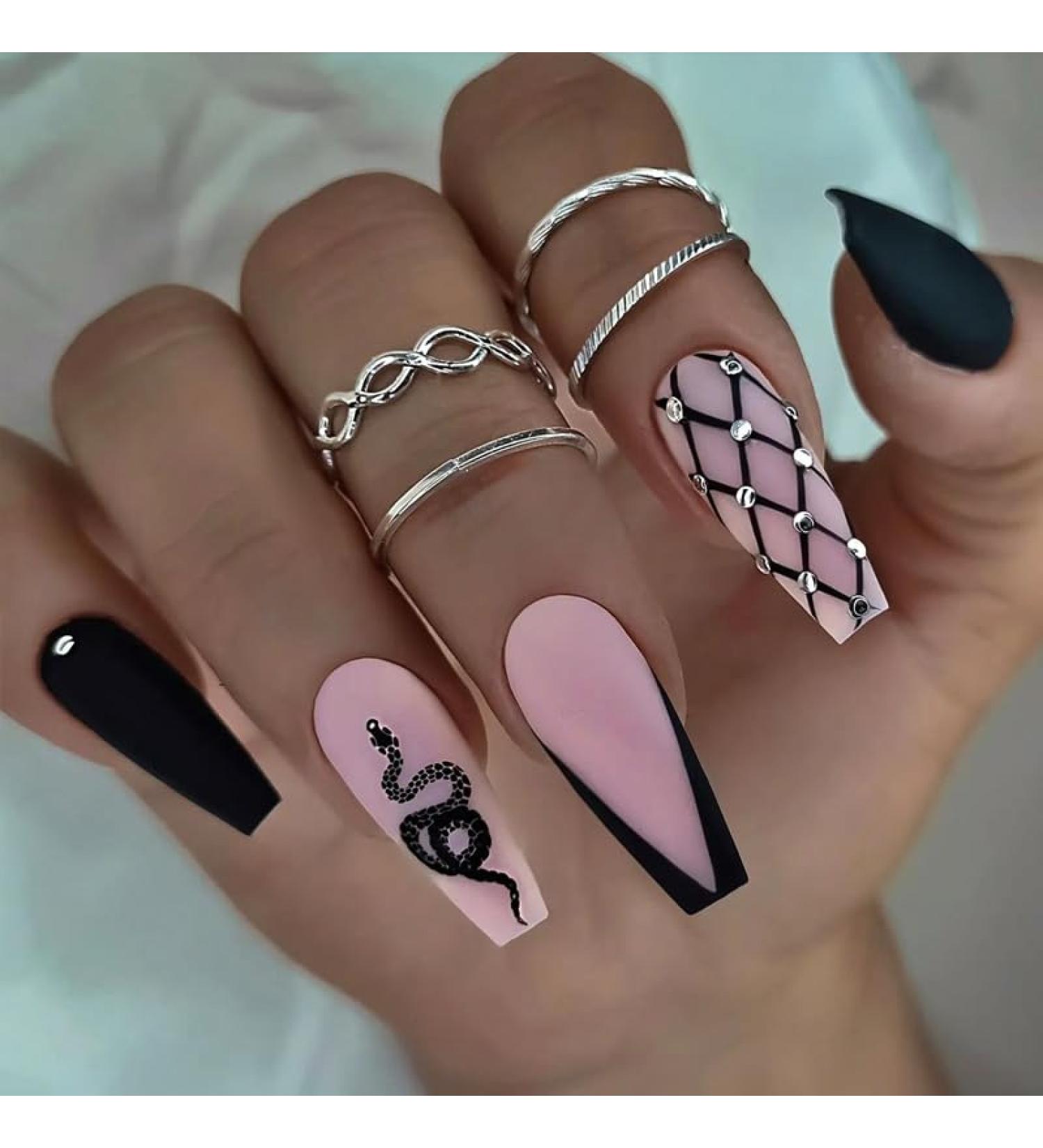 24Pcs/Set Press On Nails Long Black Plaid Pattern False Nails Acrylic Fake Nails Full Cover Nails Tips Artificial Finger Manicure Press on nails for Women and Girls - Buy Online on GoSupps.com