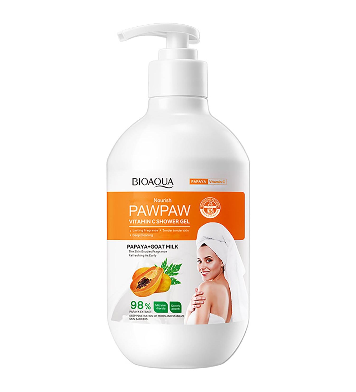 BIOAQUA Nourish PawPaw Vitamin C Shower Gel - 98% Papaya Extract & Goat Milk | Deep Cleanser for Tender Skin - 480ml - Buy Online on GoSupps.com