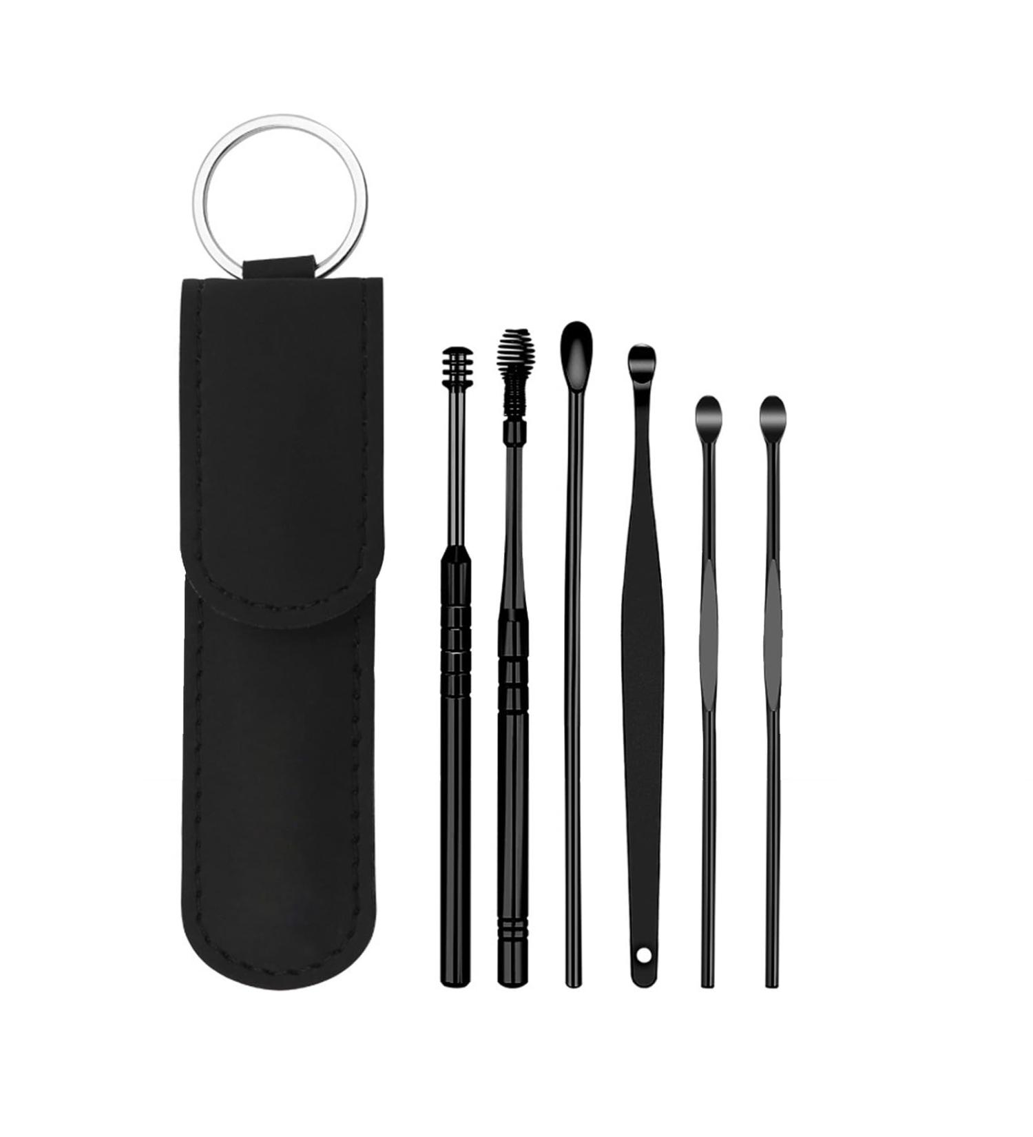 Stainless Steel Ear Picking Spoon Set - 6 Piece Safe Ear Wax Removal Tools with PU Leather Case for Kids Adults & Seniors (Black - Buy Online on GoSupps.com