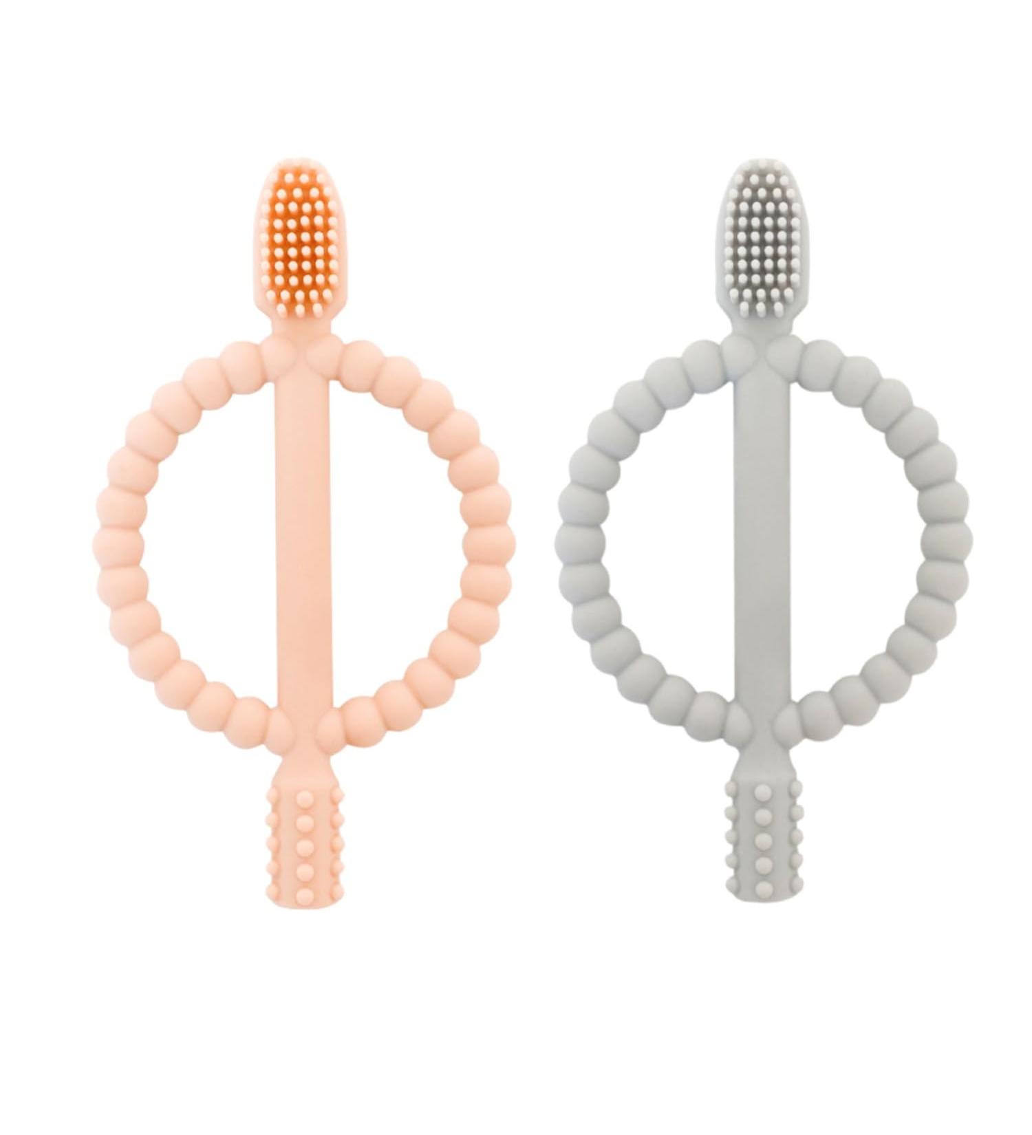 Airfish Baby Biting Toys - BPA-Free Silicone Toothbrush Teething Aids (2 Pack) for 3 Months+ Massage Gums in Peach Pink & Gray - Buy Online on GoSupps.com