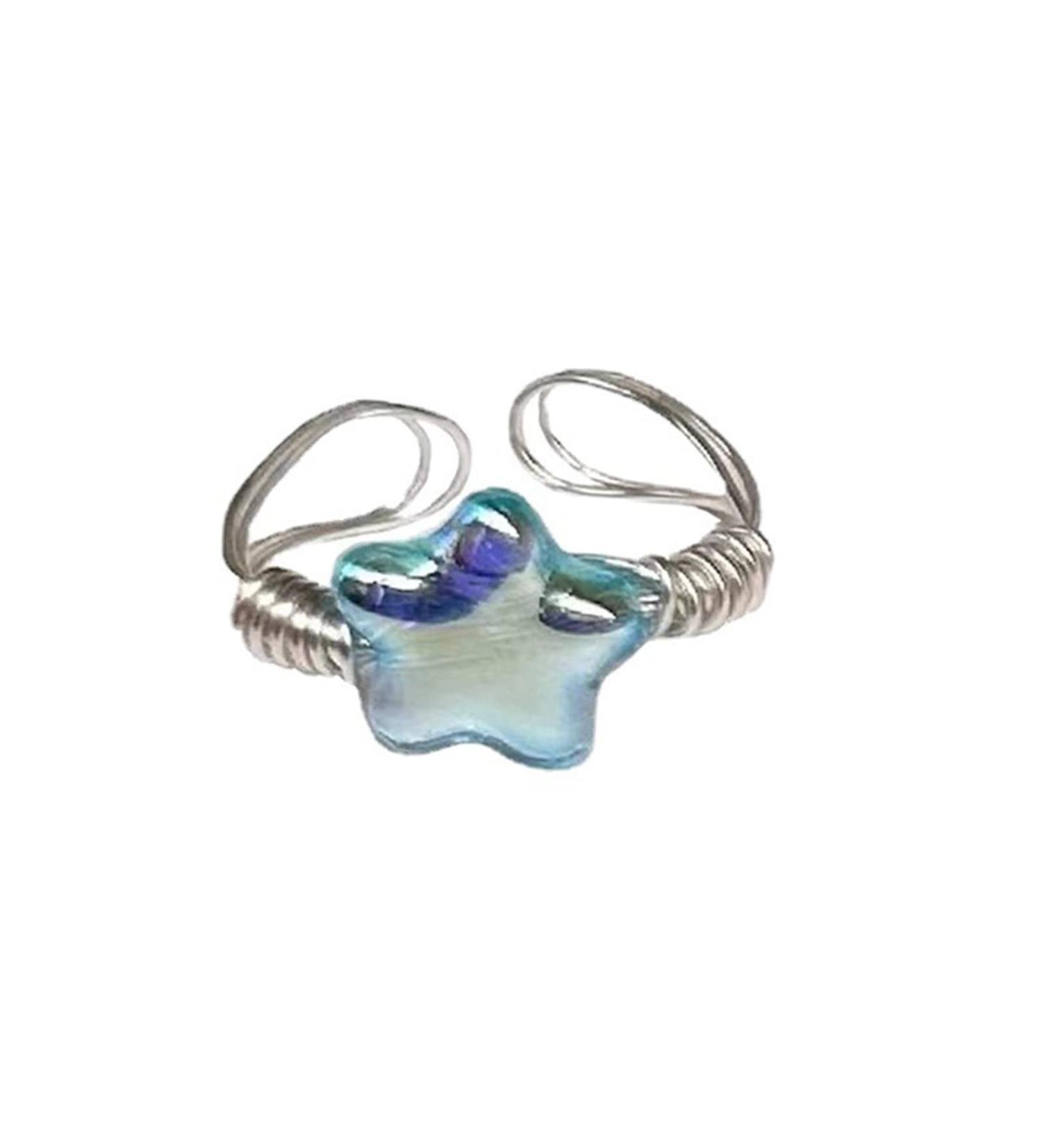 Sakeiou Harajuku Blauer Kristall Stern Pentagram Ring - Aesthetic Adjustable Women's Fashion Jewelry - Buy Online on GoSupps.com
