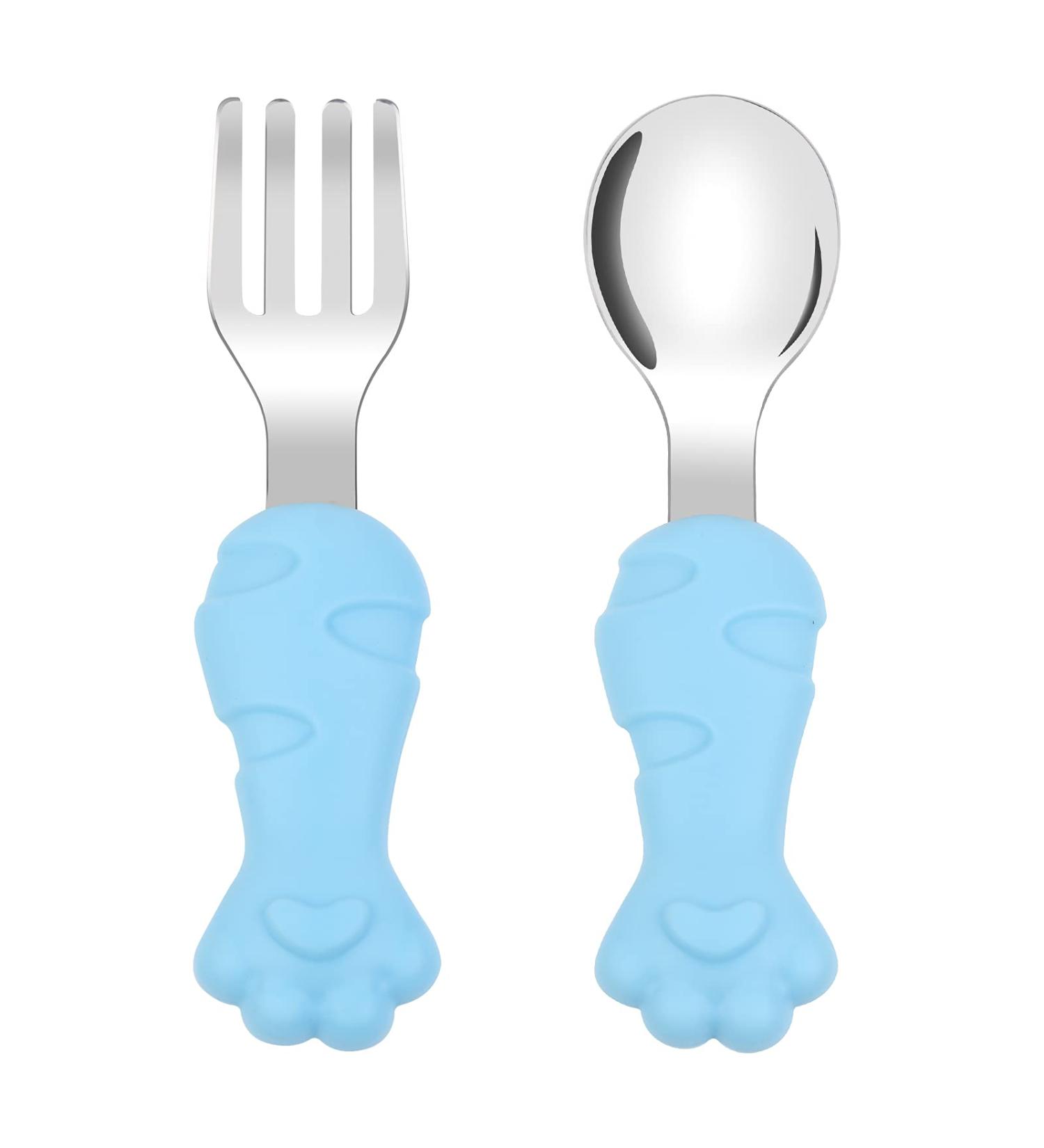 Vicloon Baby Fork and Spoon Set - Silicone Stainless Steel Cutlery for Children - Cat Claw Design - Ergonomic and Short Handle for Self-Feeding - Buy Online on GoSupps.com
