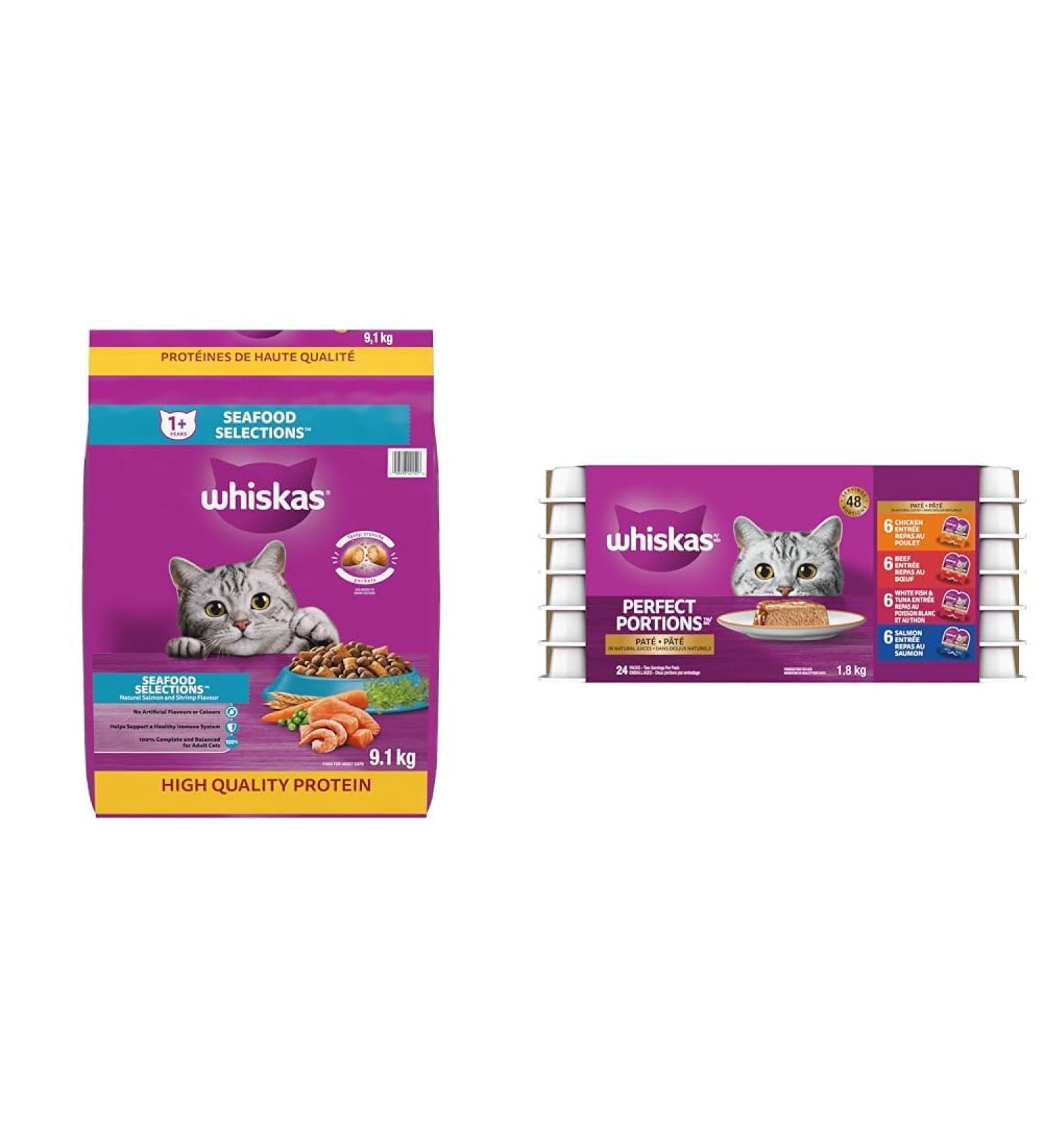 WHISKAS Seafood Selections Adult Dry Cat Food with Real Salmon 9.1kg Bag & Perfect Portions Adult Wet Cat Food - Chicken Beef Whitefish and Tuna Salmon 75g Trays (24 Pack) - Buy Online on GoSupps.com