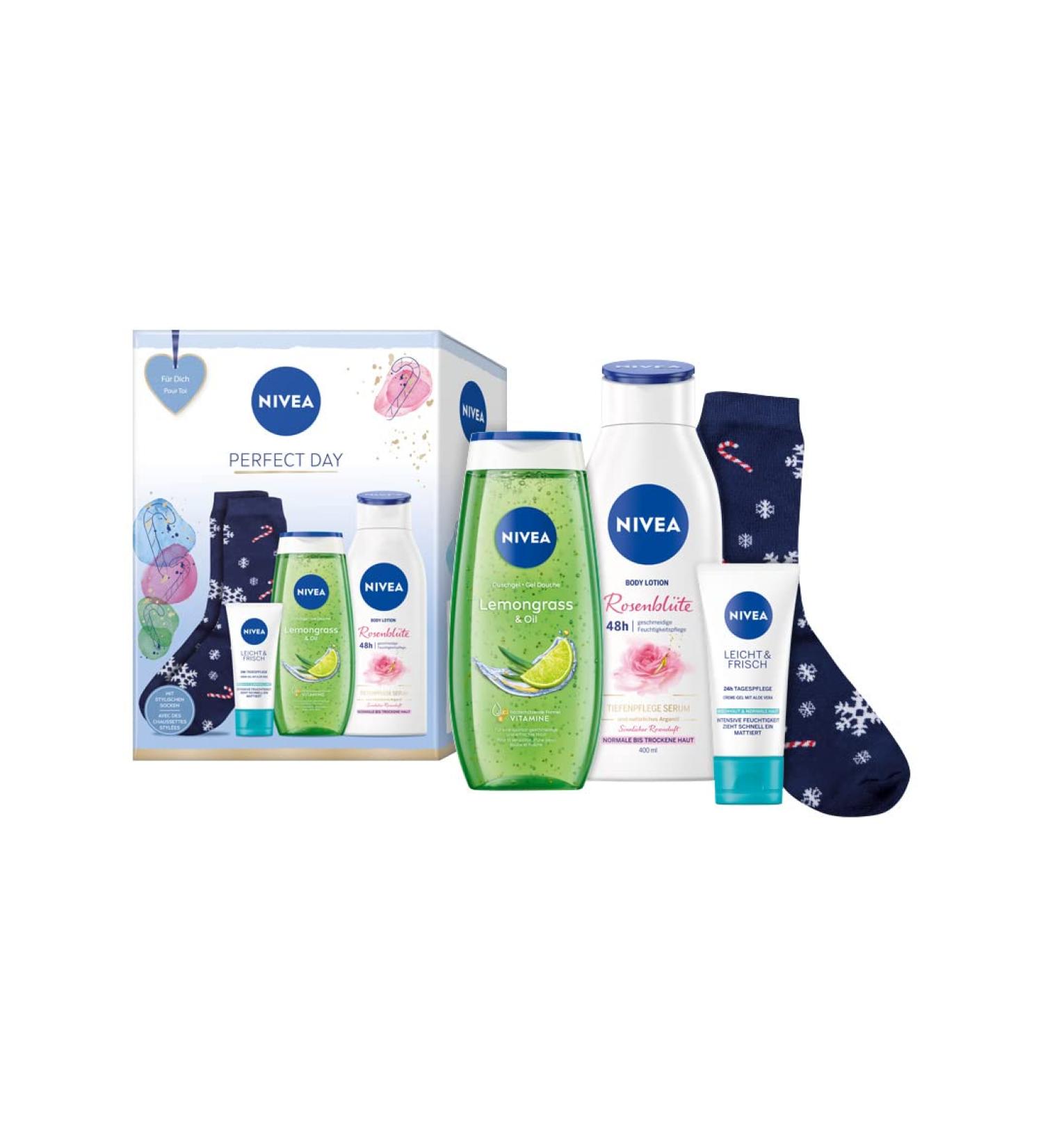 NIVEA Perfect Day Gift Set with NIVEA Essentials Gift Set with Day Care Care Shower Body Lotion and Stylish Socks - Buy Online on GoSupps.com