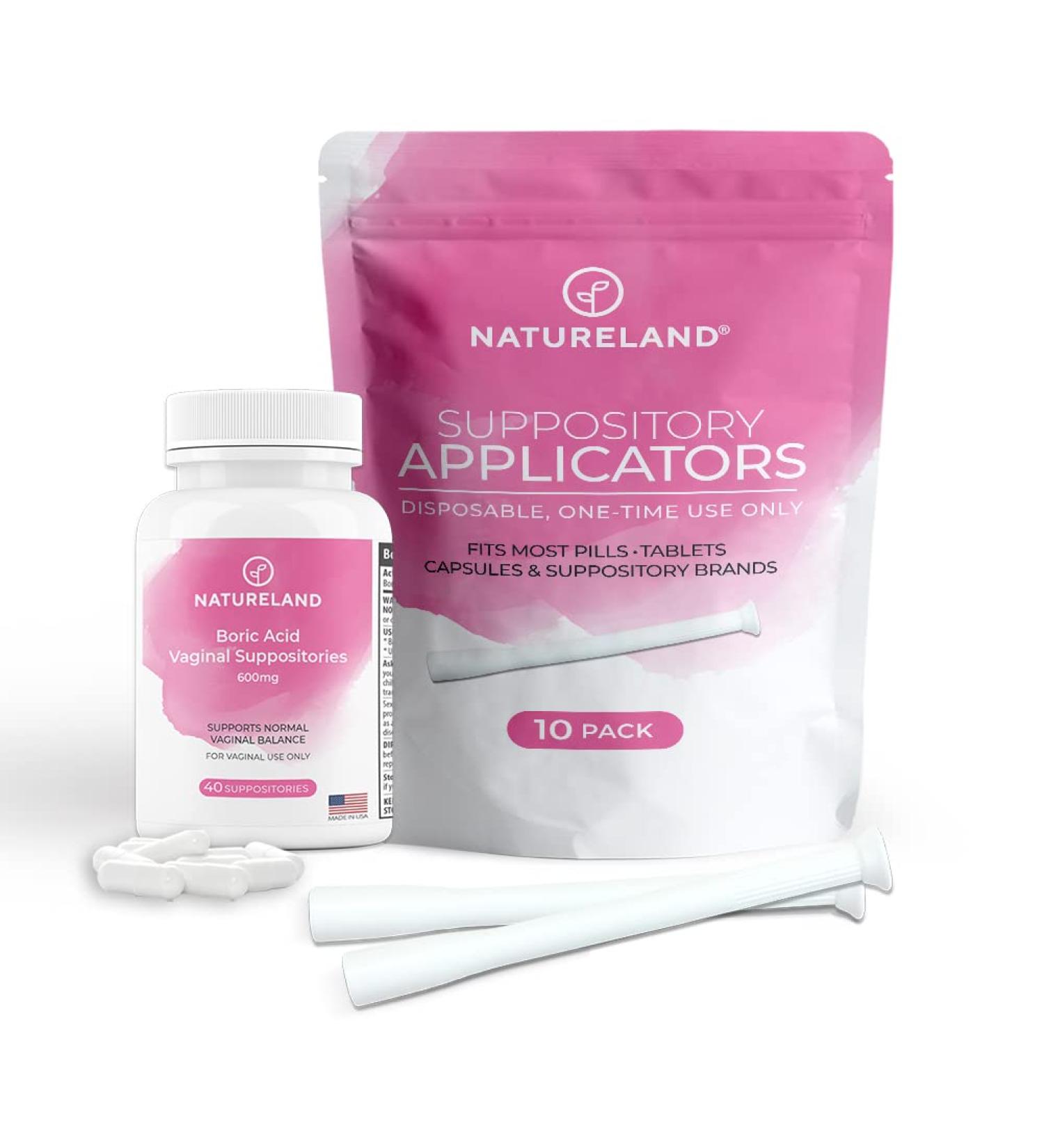 Natureland Vaginal Suppository with Applicators - 50 Units | Boric Acid pH Balance Tablets - 40 Units | Soft Tip Auxiliary Tool - 10 Units | Designed in USA - Buy Online on GoSupps.com