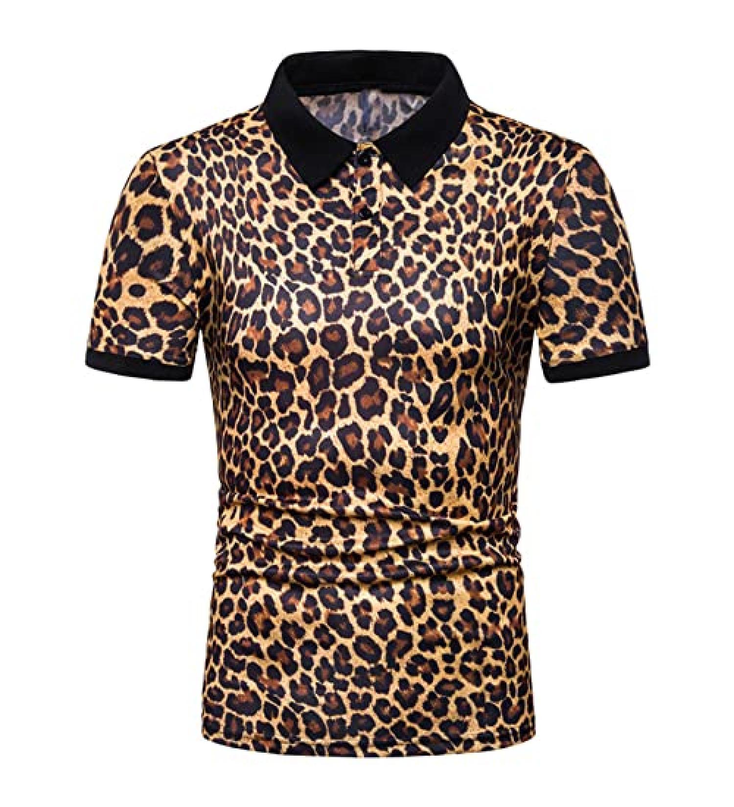 LADIGASU Men's Button Down Leopard Print Shirt - Yellow Short Sleeve Collared Tee for Work & Office - Large Fit - Buy Online on GoSupps.com