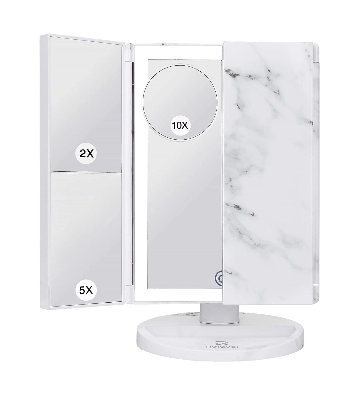 Large Tri-Fold Makeup Vanity Mirror with Lights - 72 LED, 3 Color Lighting, 1x 2X 5X 10x Magnification, Touch Screen Switch - Dual Power Supply - Marble - Buy Online on GoSupps.com