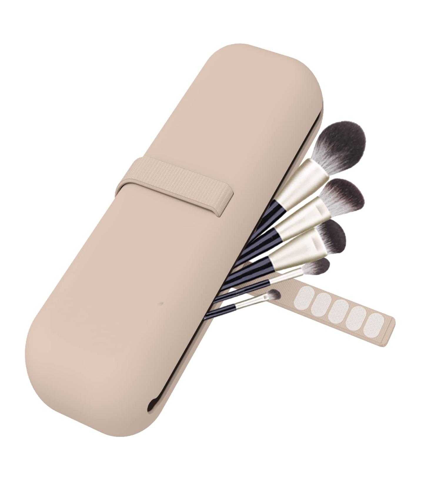 Frimon Travel Makeup Brush Holder - Silicone Anti-Fall Organizer Case for Women - Large Khaki Cosmetic Brush Bag - Buy Online on GoSupps.com
