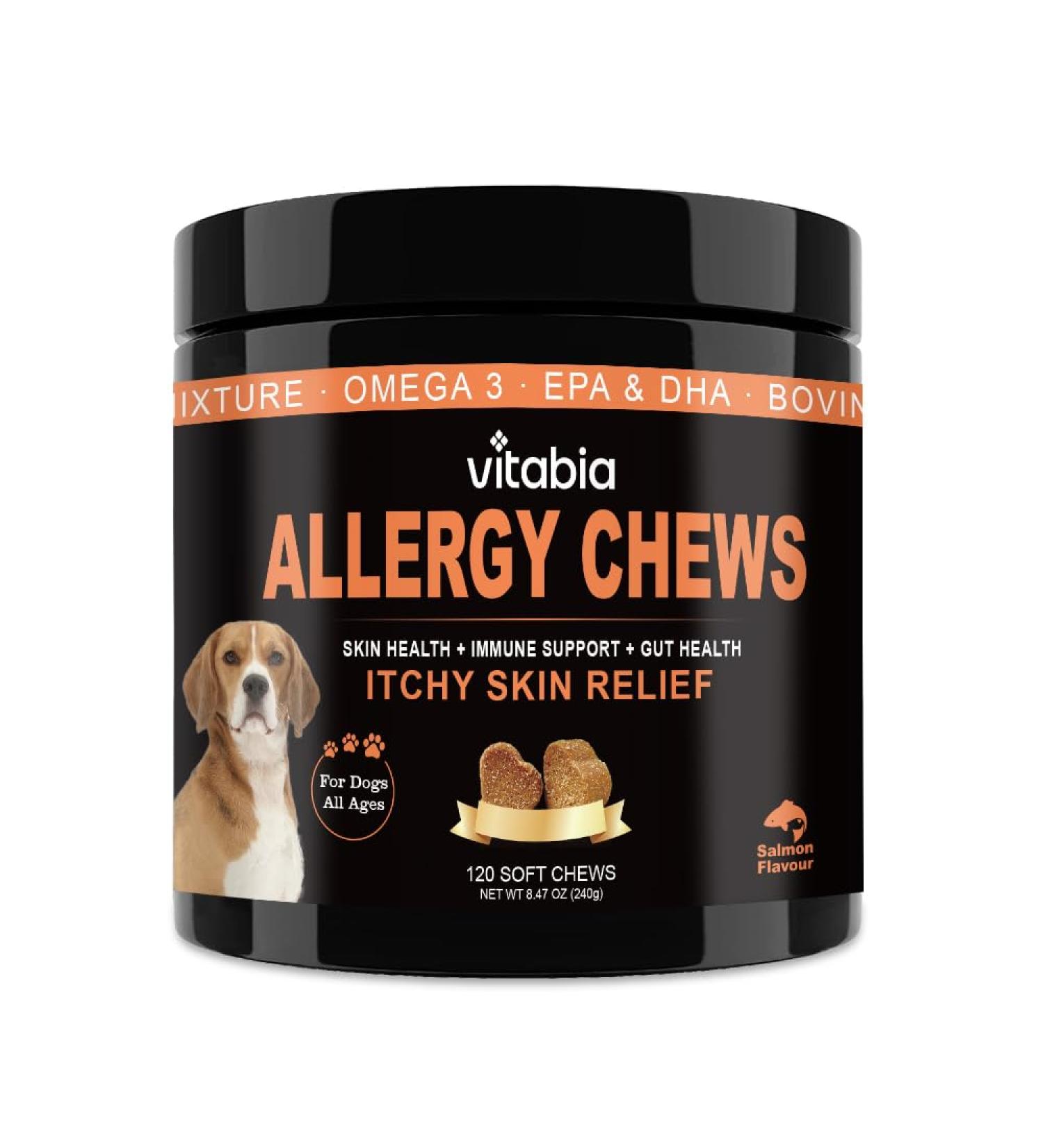 VITABIA Dog Allergy Chews with Salmon Oil & Probiotics - Itchy Skin Relief for Dogs (120 Soft Chews) - Buy Online on GoSupps.com