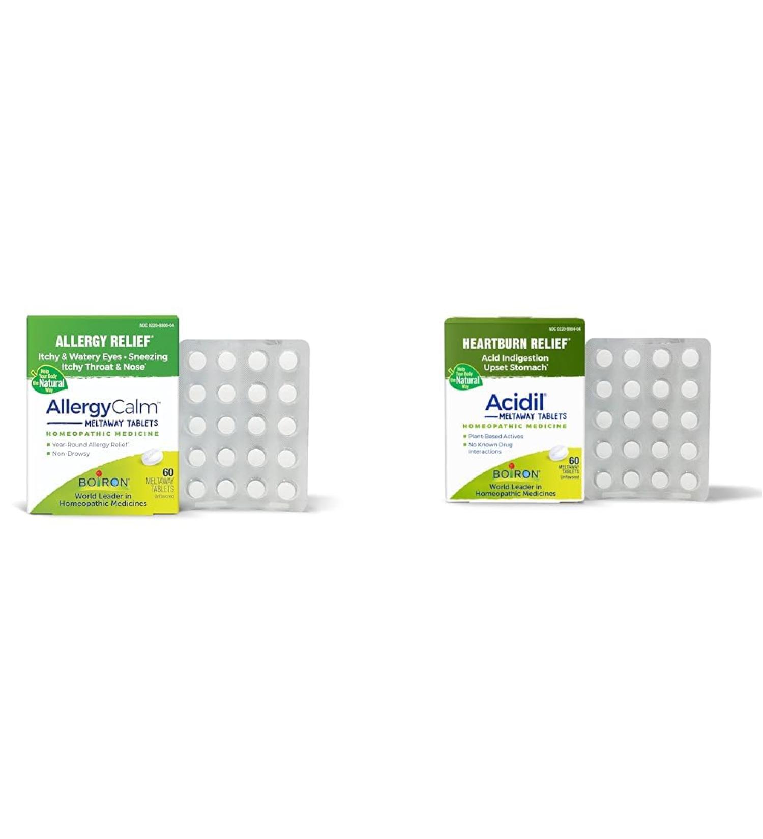 Boiron Allergy and Acid Reflux Relief Bundle with AllergyCalm Tablets (60 Count) and Acidil for Acid Reflux and Indigestion (60 Count)