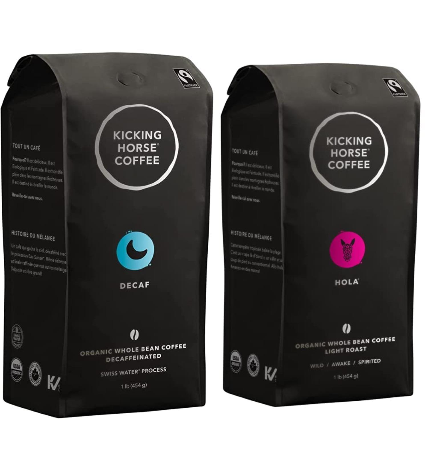 Kicking Horse Coffee Decaf Swiss Water Process Dark Roast Whole Bean 1 lb - Certified Organic Fairtrade & Hola Light Roast Whole Bean 1 lb - Certified Organic Fairtrade Kosher Coffee - Buy Online on GoSupps.com