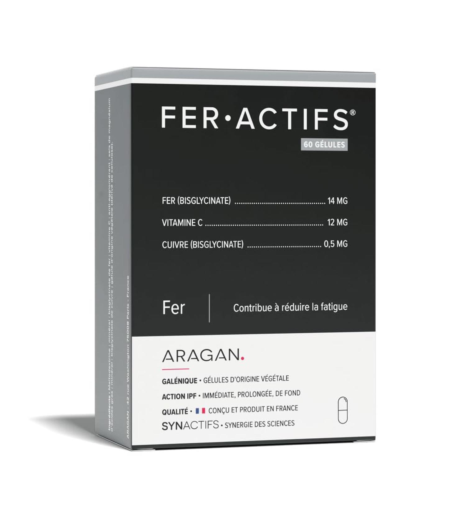 ARAGAN - Synactives - Feractive - Anti-Fatigue Food Supplement - Tone and Vitality - Iron Bisglycinate Copper and Vitamin C - 60 capsules - 2 months taken - Made in France - Buy Online on GoSupps.com