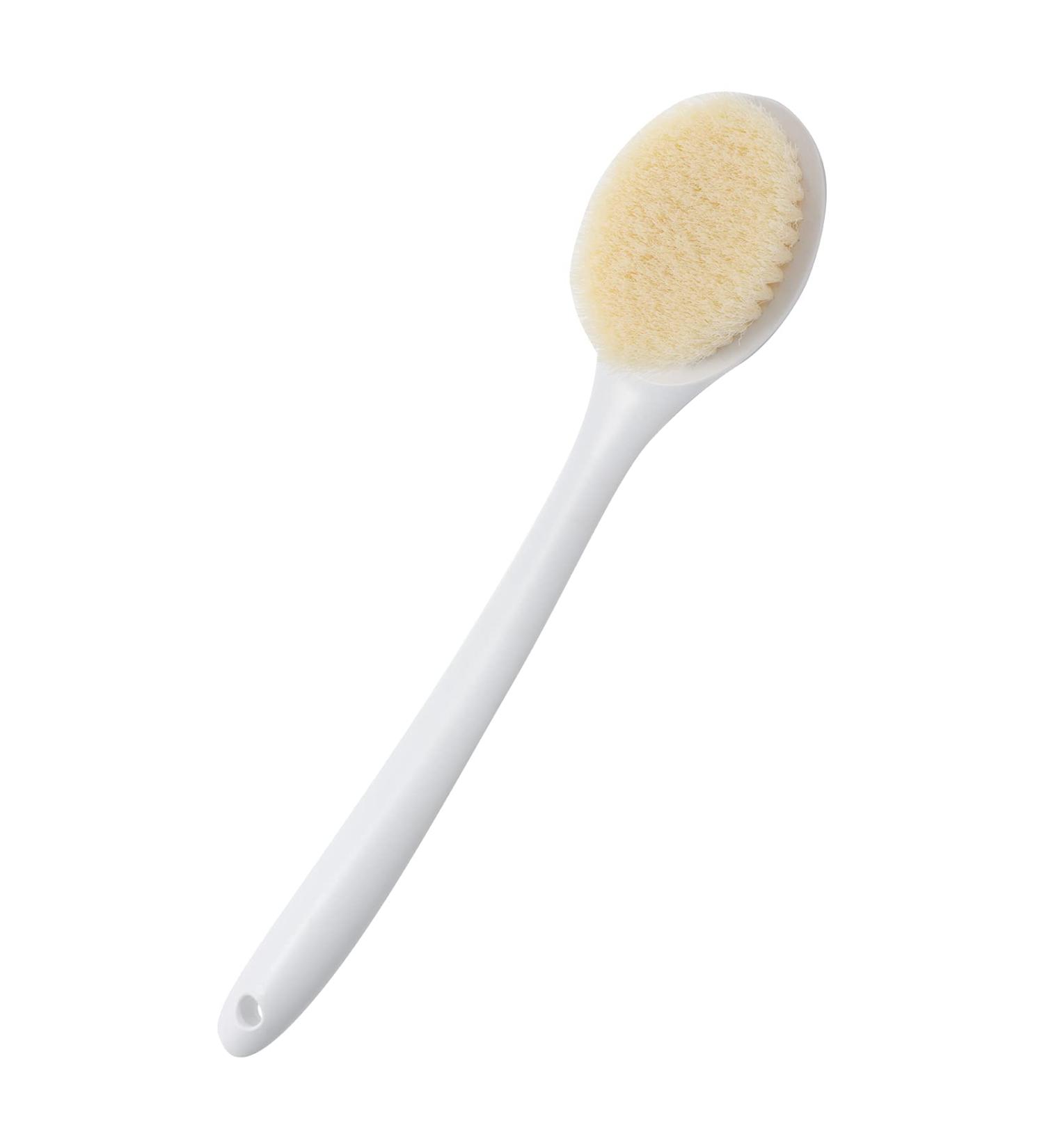 Soft Bristle Bath Body Brush with Bent Handle - 36 cm Length | Back Scrubber in Off-White - Buy Online on GoSupps.com