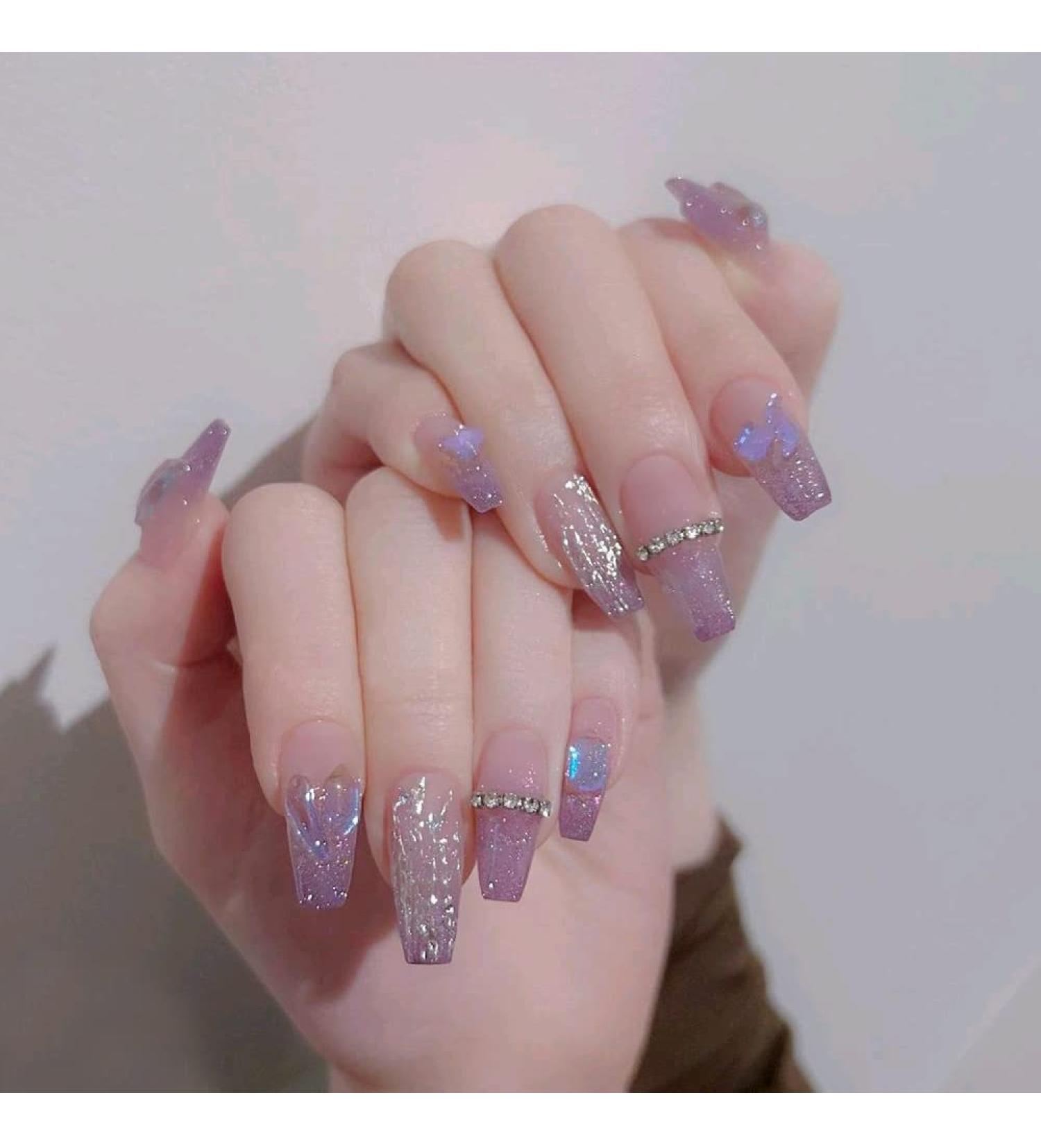 13.Noapasa Coffin Fake Nails Purple Pressed Fake Nails Flash Rhinestones Long Ballerina Fake Nails 24Pcs (Purple) - Buy Online on GoSupps.com