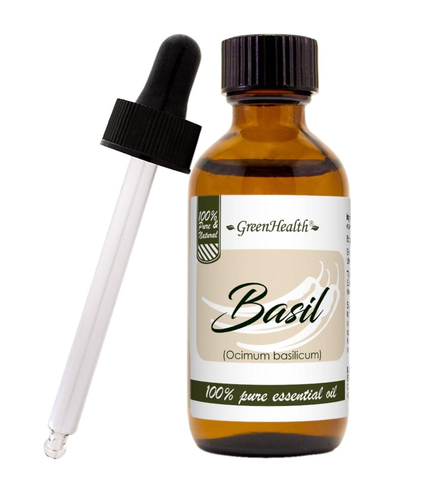 Basil Essential Oil 2 fl oz (59 ml) Glass Bottle w/Glass Dropper 100% Pure Essential Oil GreenHealth - Buy Online on GoSupps.com