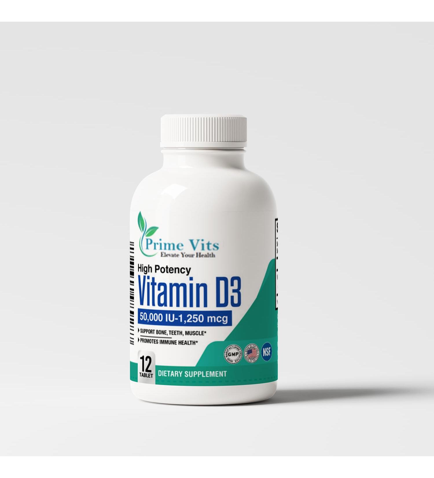 PrimeVits High Potency Vitamin d3 50000 iu - Essential for Bone Muscle and Immune Health - (12 Tablet) - Buy Online on GoSupps.com